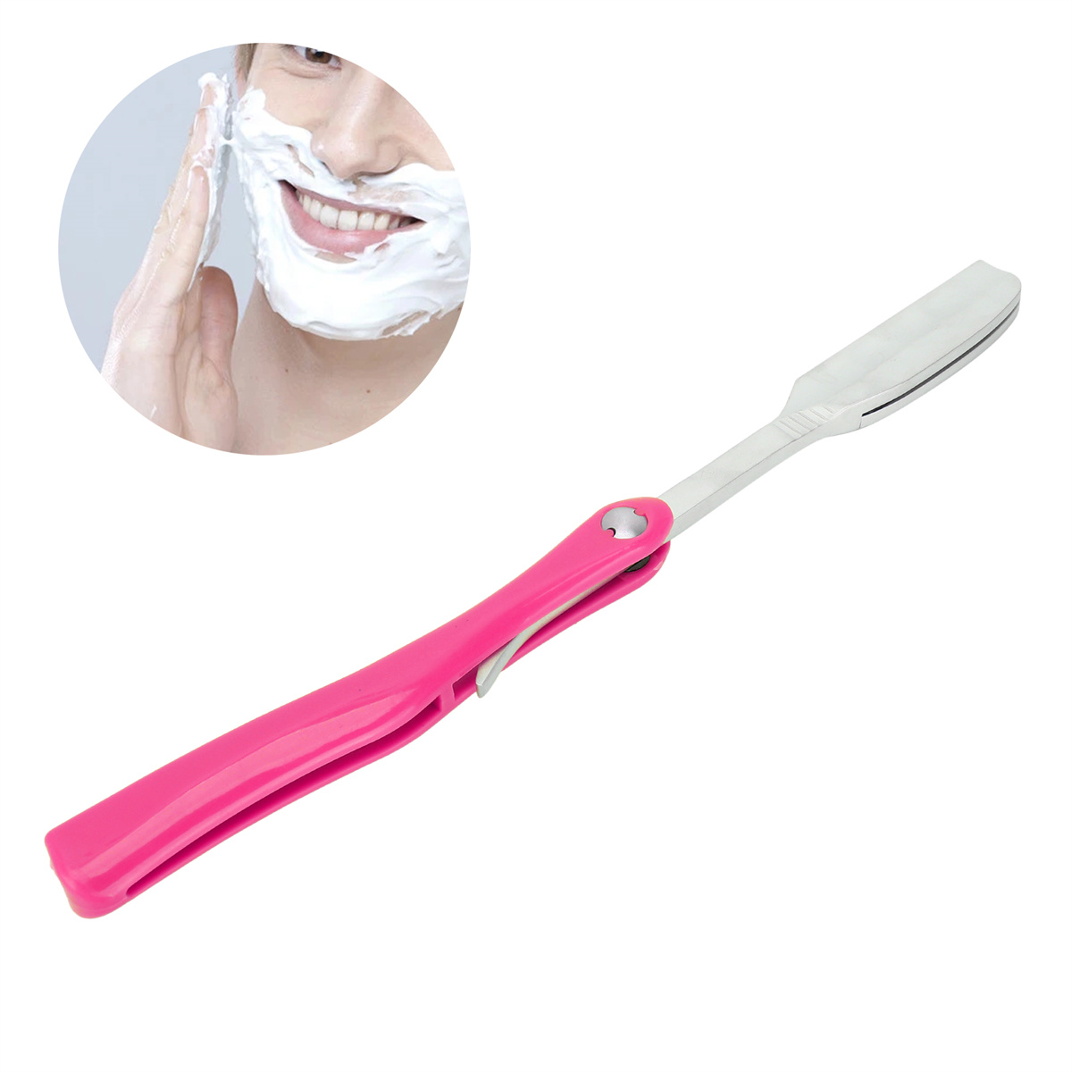 Nahaufnahme eines Mannes beim Rasieren. Rosa Rasierer im Vordergrund.