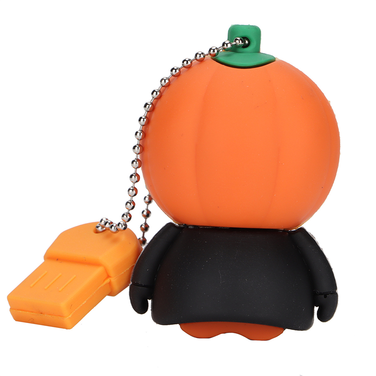 Ein USB-Stick in Form eines orangefarbenen Kürbismannes. Der Mann trägt einen schwarzen Anzug und einen grünen Hut.