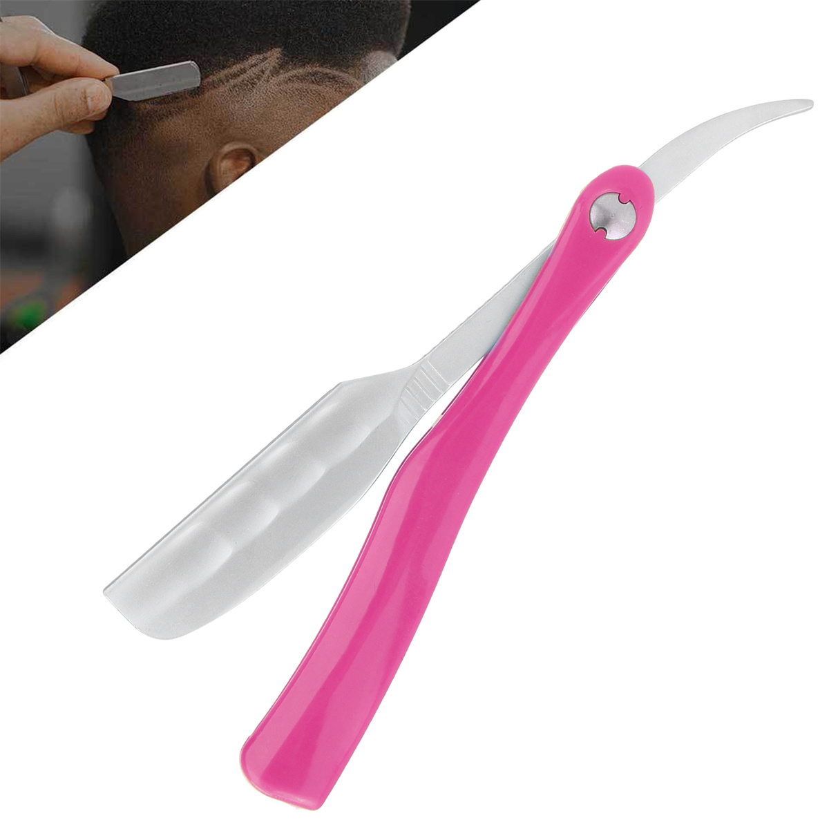 Ein offener rosa-weißer Rasierer mit einer Hand, die ihn hält, und einem verschwommenen Kopf im Hintergrund.