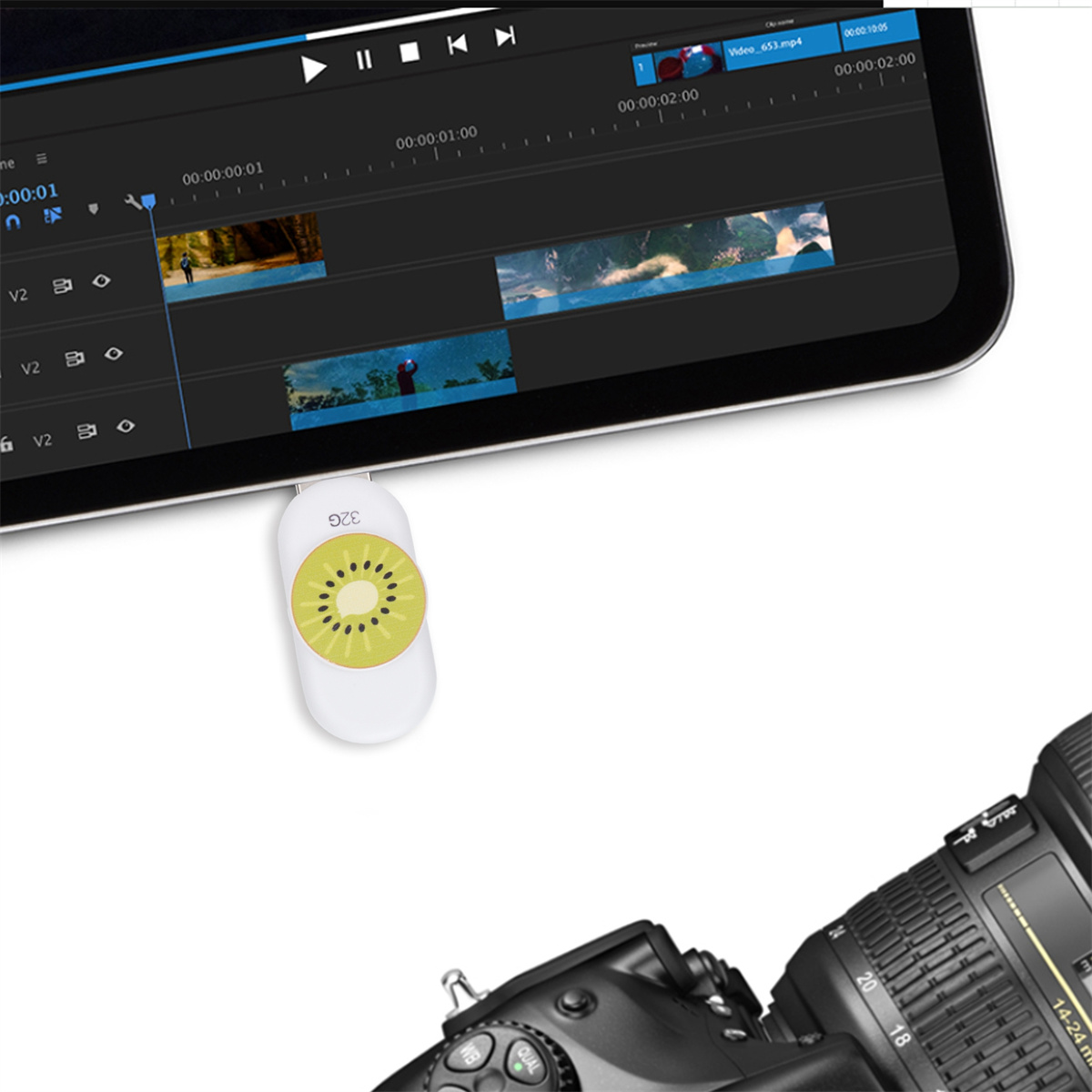 Ein weißer USB-Stick mit Kiwi-Scheiben-Design, der in ein Tablet eingesteckt ist. Bearbeitungssoftware sichtbar.