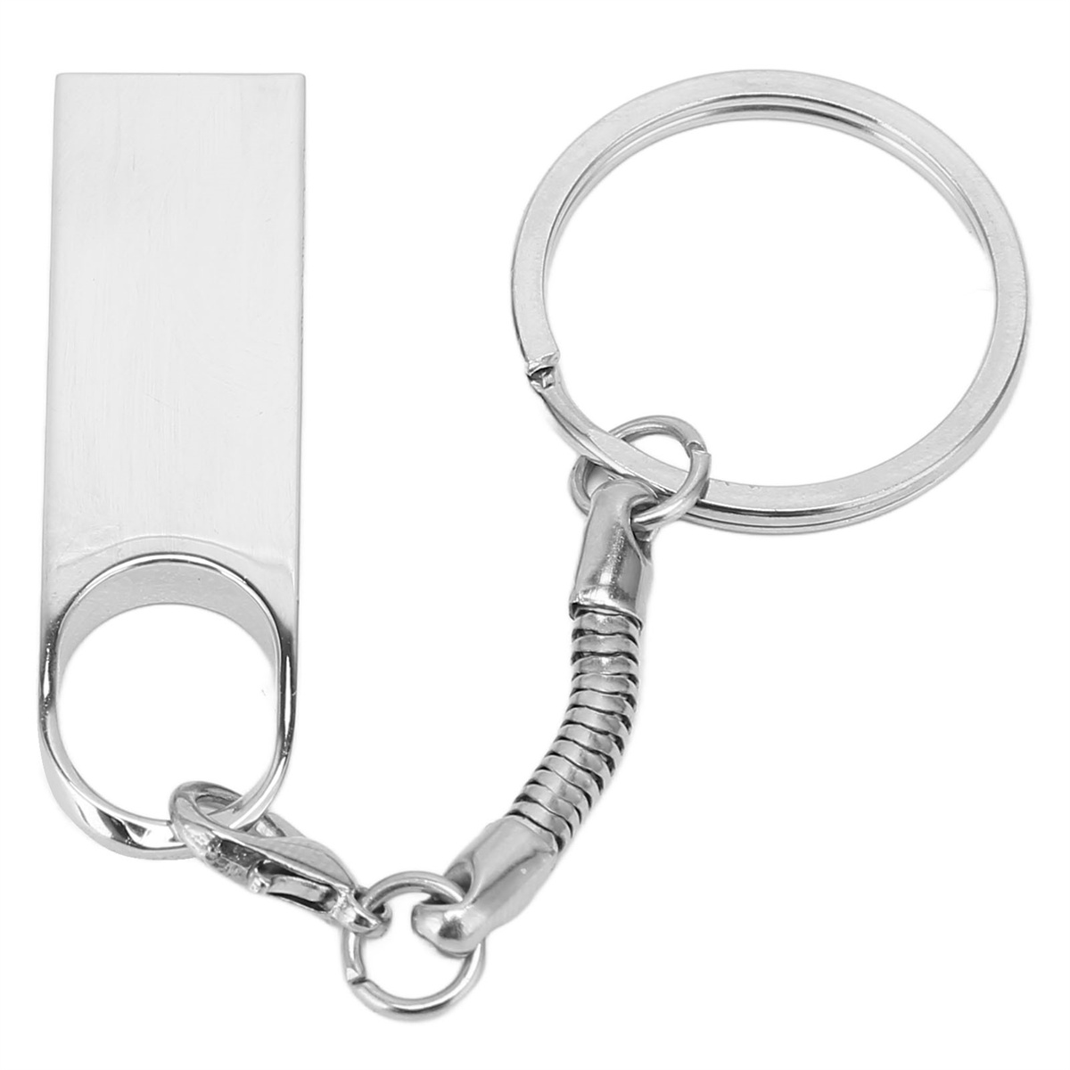 Silberner USB-Stick an einem Schlüsselring. Auf weißem Untergrund.