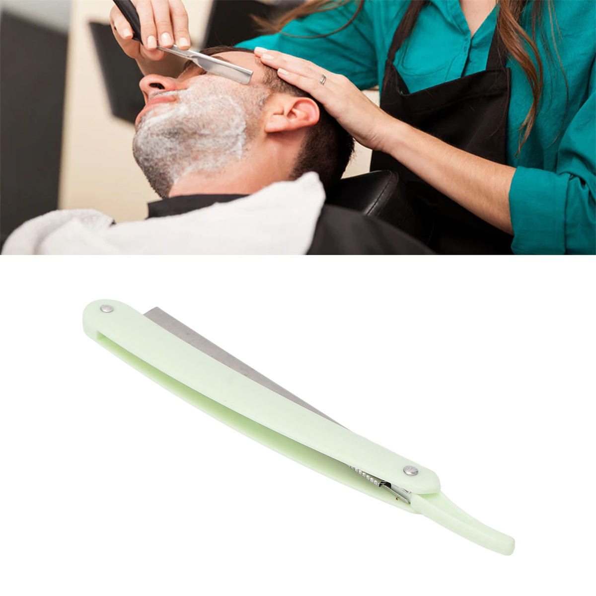 Friseur rasiert das Gesicht eines Mannes mit einem Rasiermesser. Nahaufnahme des Rasiermessers.