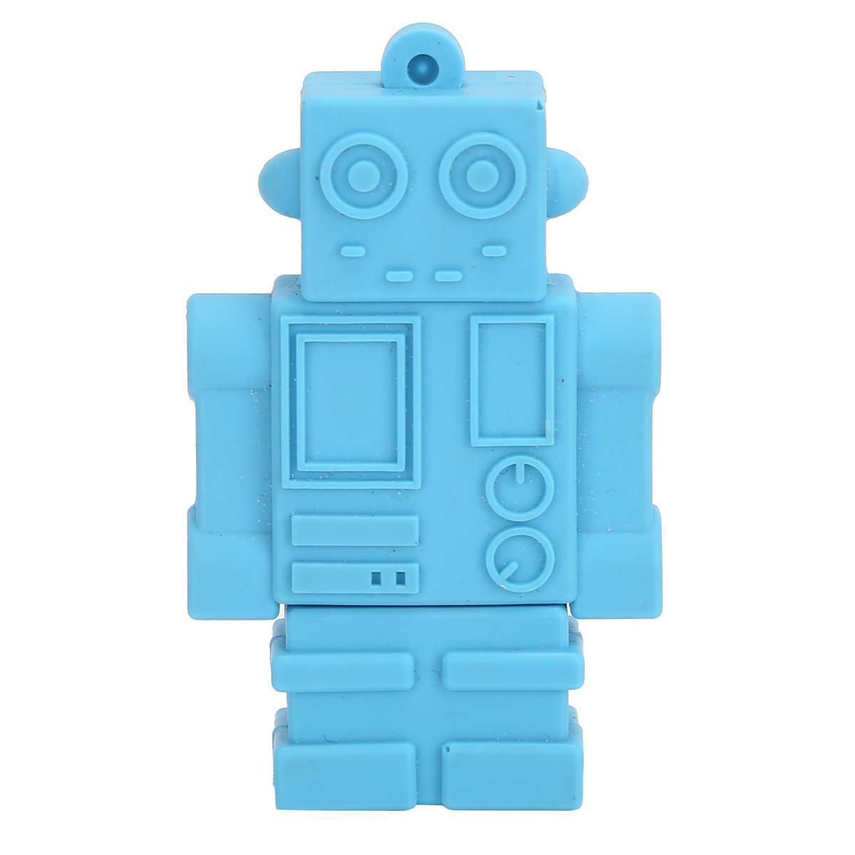 Blaues USB-Flash-Laufwerk in Roboterform. Der USB-Stick ist blau und hat ein Roboterdesign.