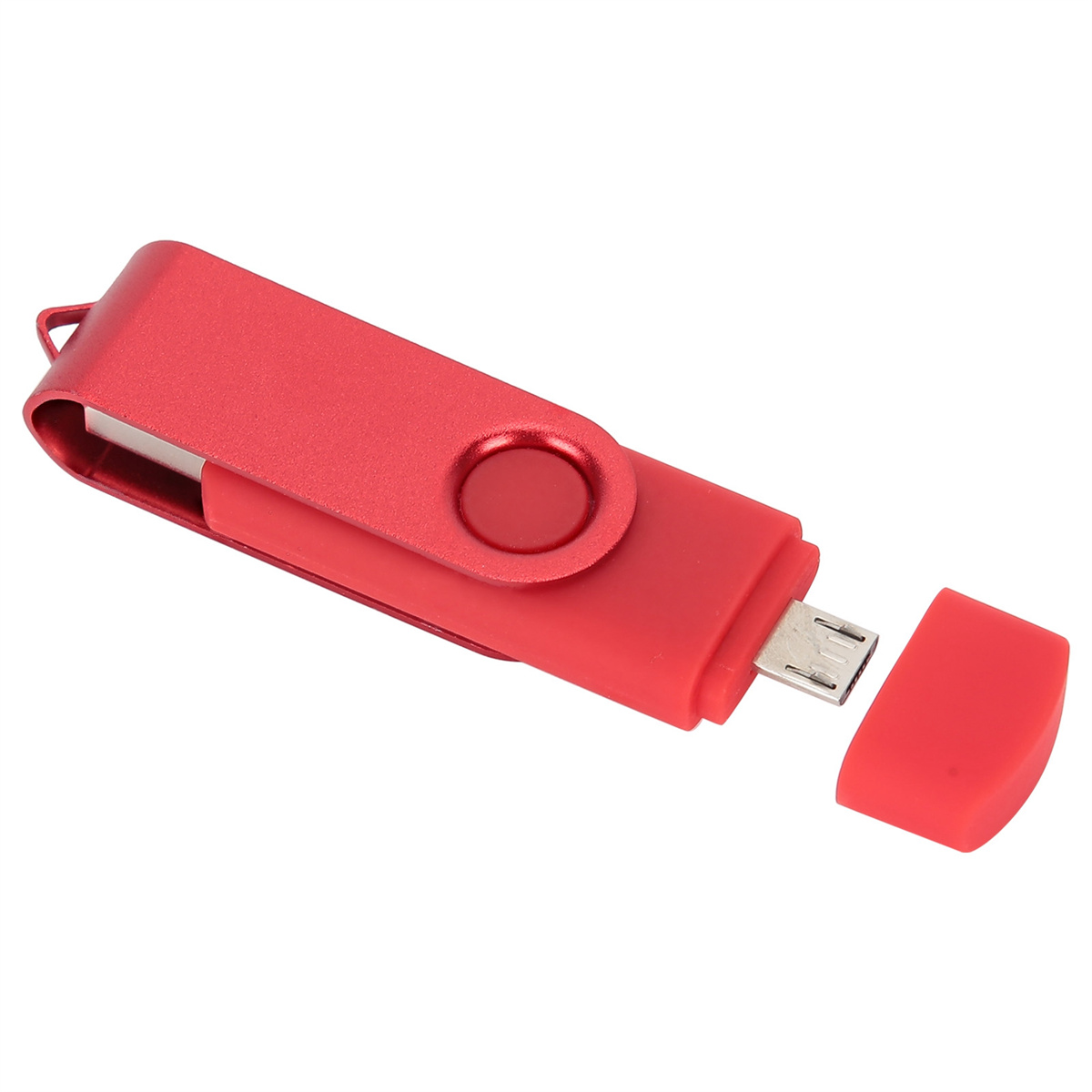Roter Dreh-USB-Stick mit Kappe neben weißem Hintergrund.