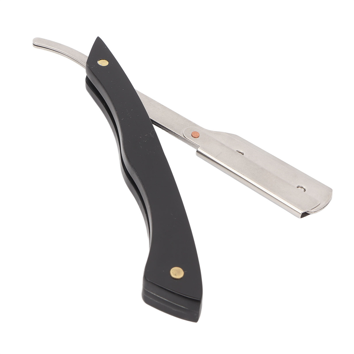 Offenes Rasiermesser mit schwarzem Griff und silberner Klinge.