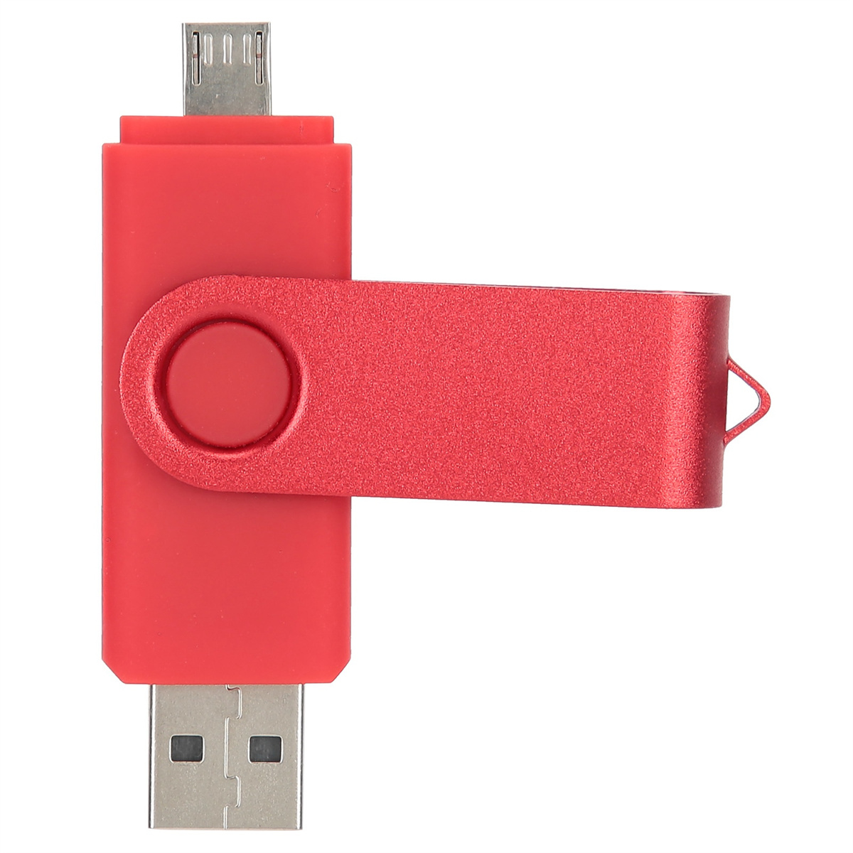 Roter USB-Stick mit zwei Anschlüssen, einem USB- und einem Micro-USB-Anschluss. Weißer Hintergrund.