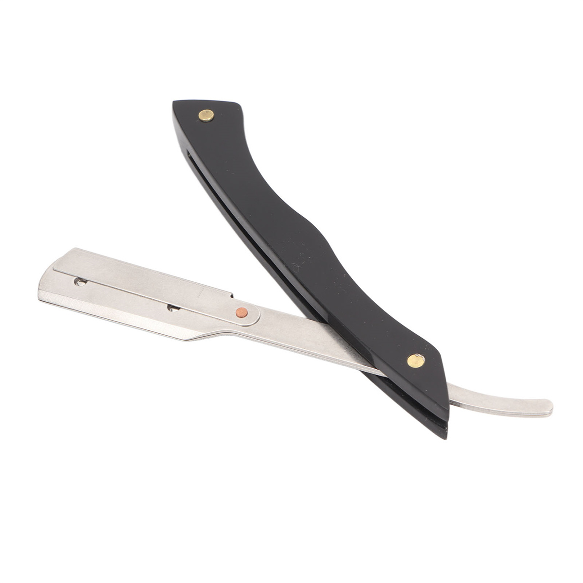 Ein schwarzes und silbernes Rasiermesser, geöffnet und abgewinkelt, mit schwarzem Griff und silberner Klinge.