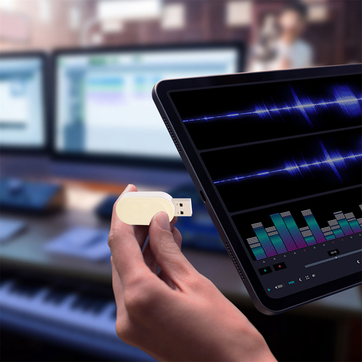 Eine Hand hält einen weißen USB-Stick vor einem Tablet-Bildschirm.