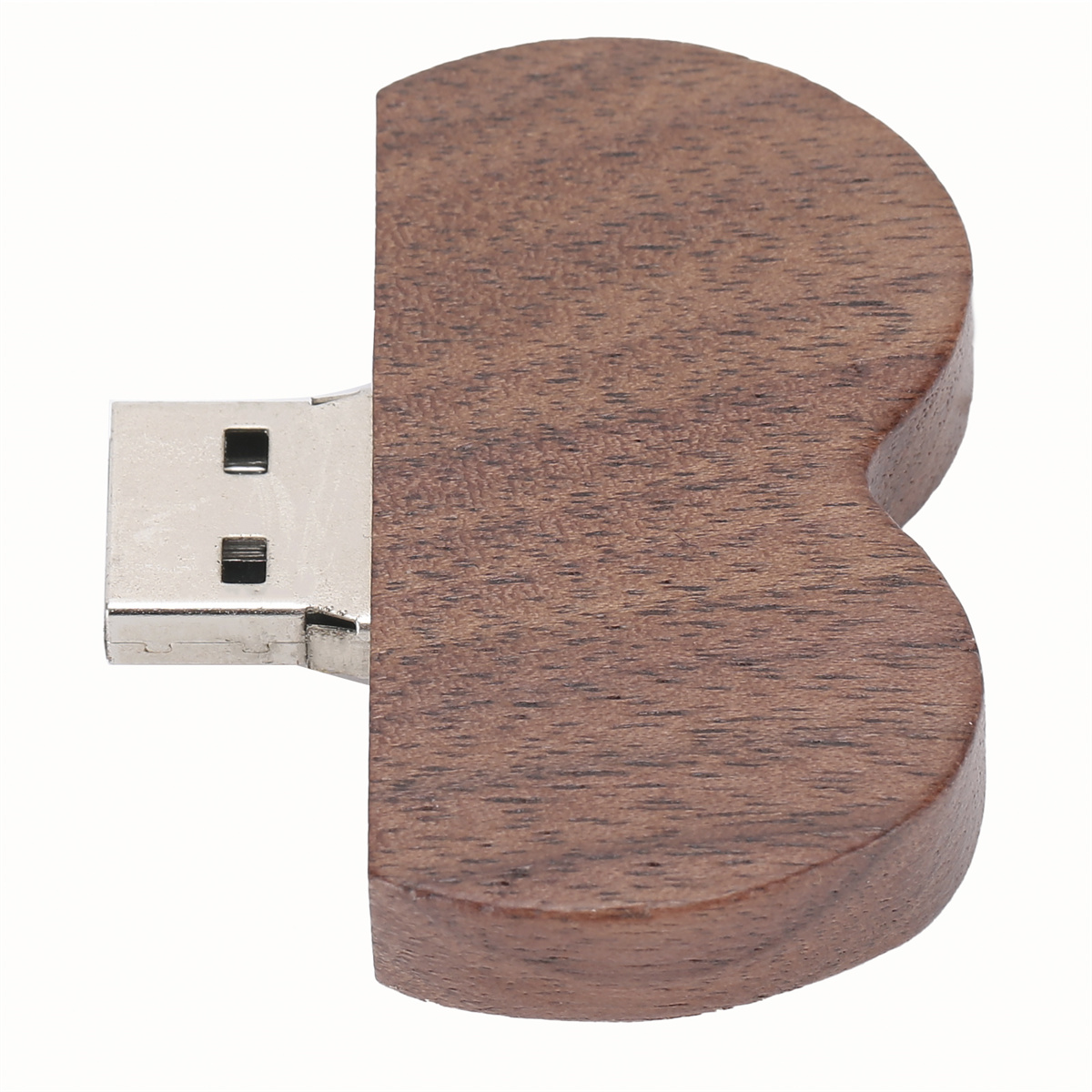 USB-Stick aus Holz. Es hat die Form eines Buchstaben 'B' mit einem silbernen USB-Anschluss.