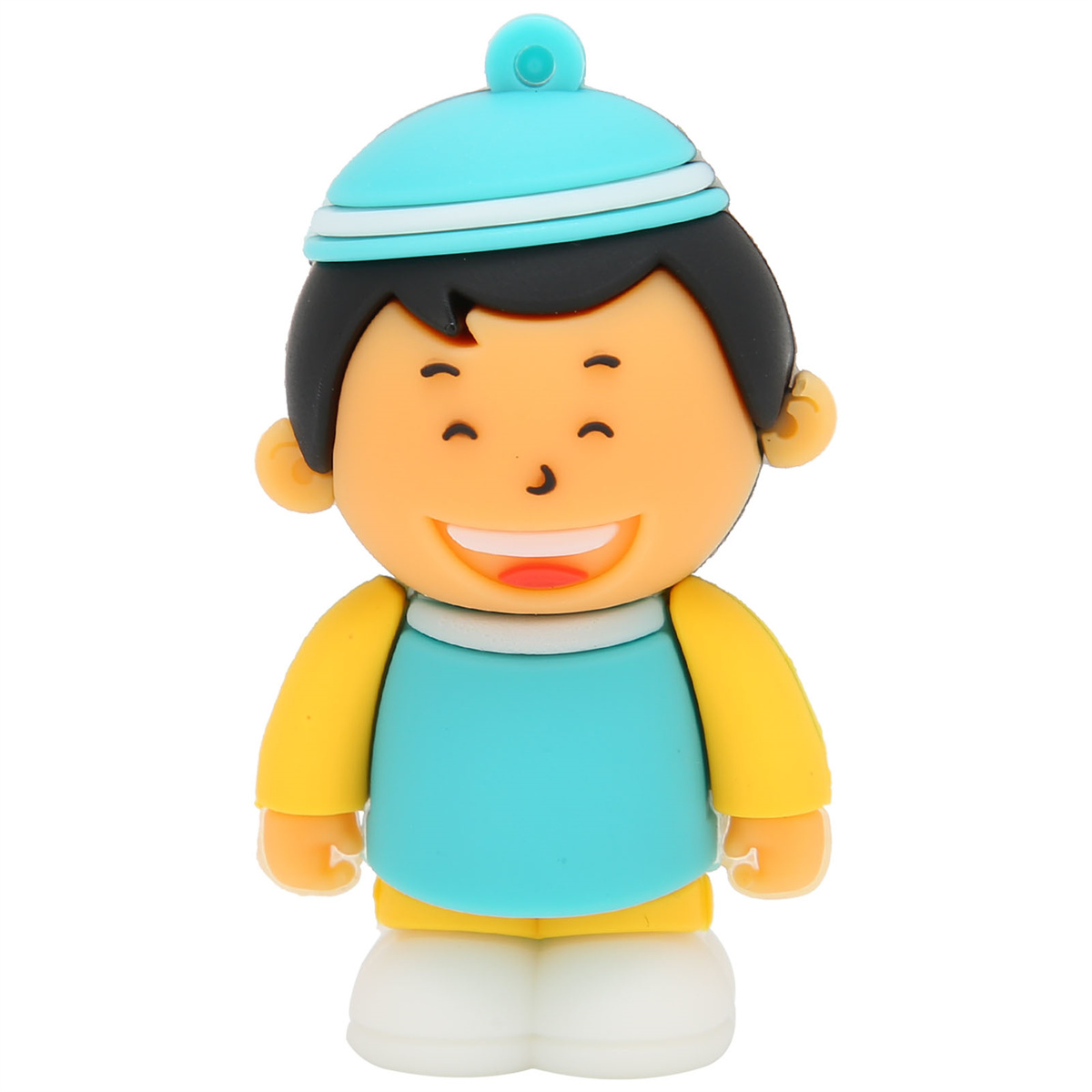 Cartoon-Jungenfigur mit blauem Hut, gelbem Hemd und weißen Shorts.