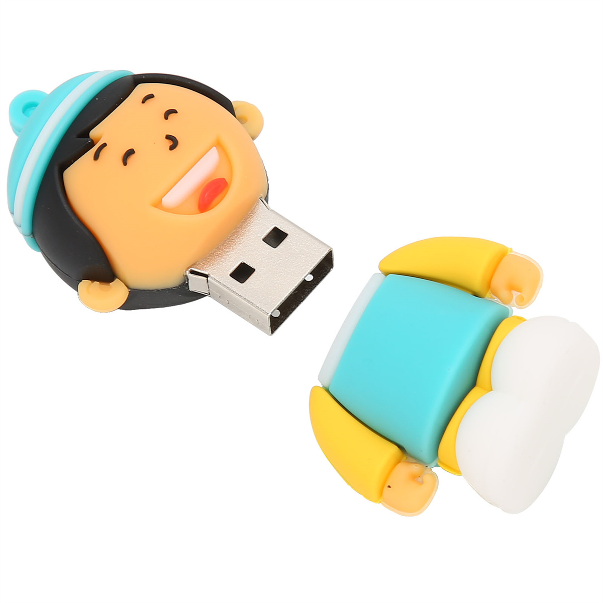 USB-Stick in Form eines Cartoon-Charakters. Blaue Mütze, gelbes Outfit. Lächelndes Gesicht.