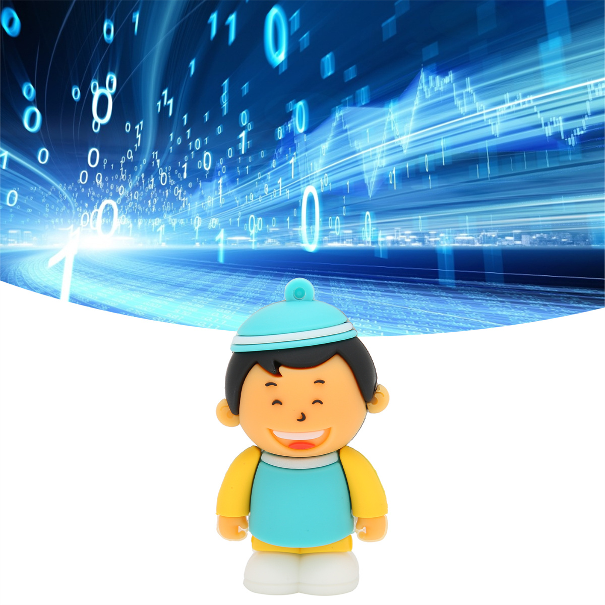 Eine lächelnde Cartoon-Jungenfigur vor einem blauen digitalen Hintergrund.