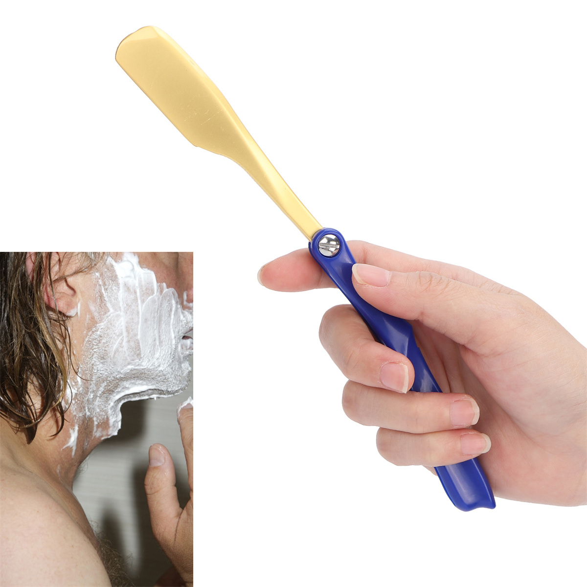 Hand hält einen gelben Rasierer mit blauem Griff. Mann rasiert sich mit Creme.