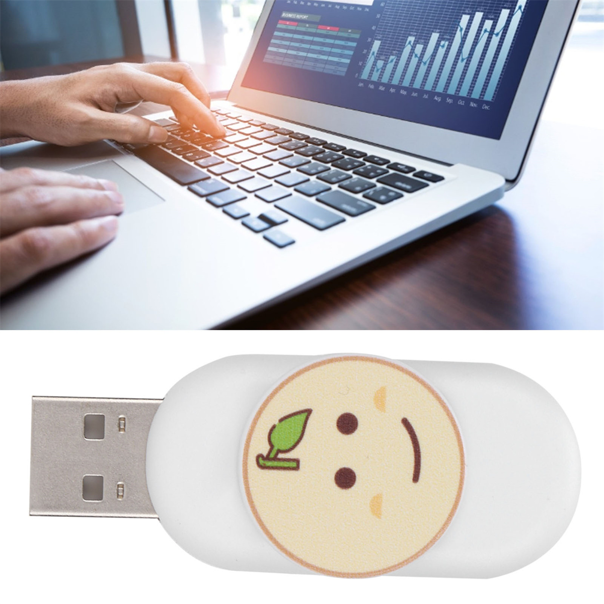 Eine Person tippt auf einem Laptop. Ein USB-Stick mit Apfeldesign ist unten rechts.
