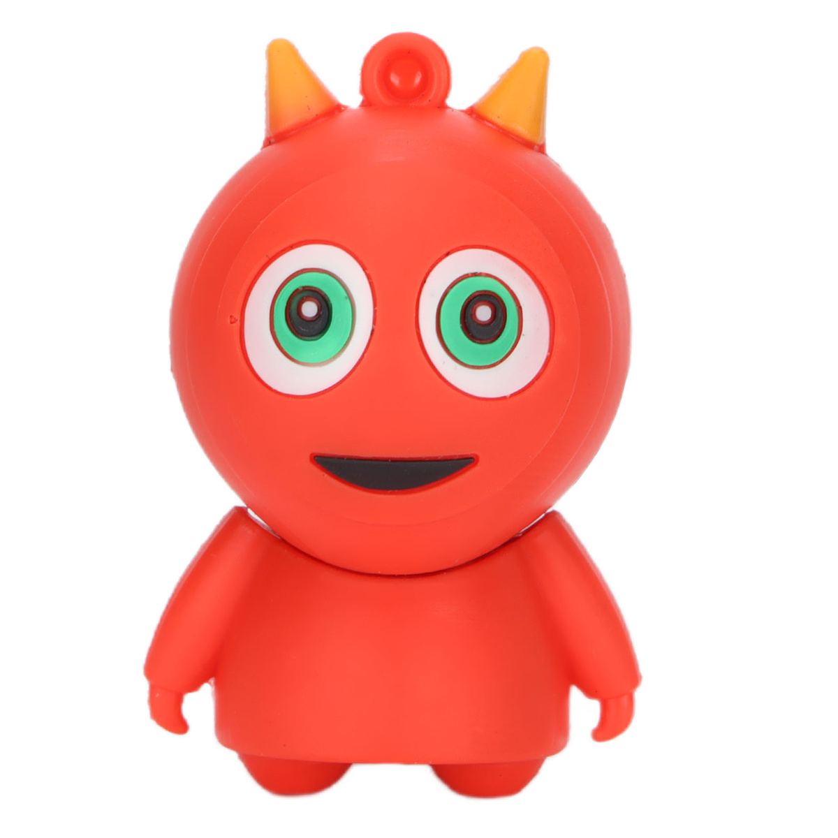 Rote Cartoon-Figur mit Hörnern, grünen Augen und kleinen Armen.
