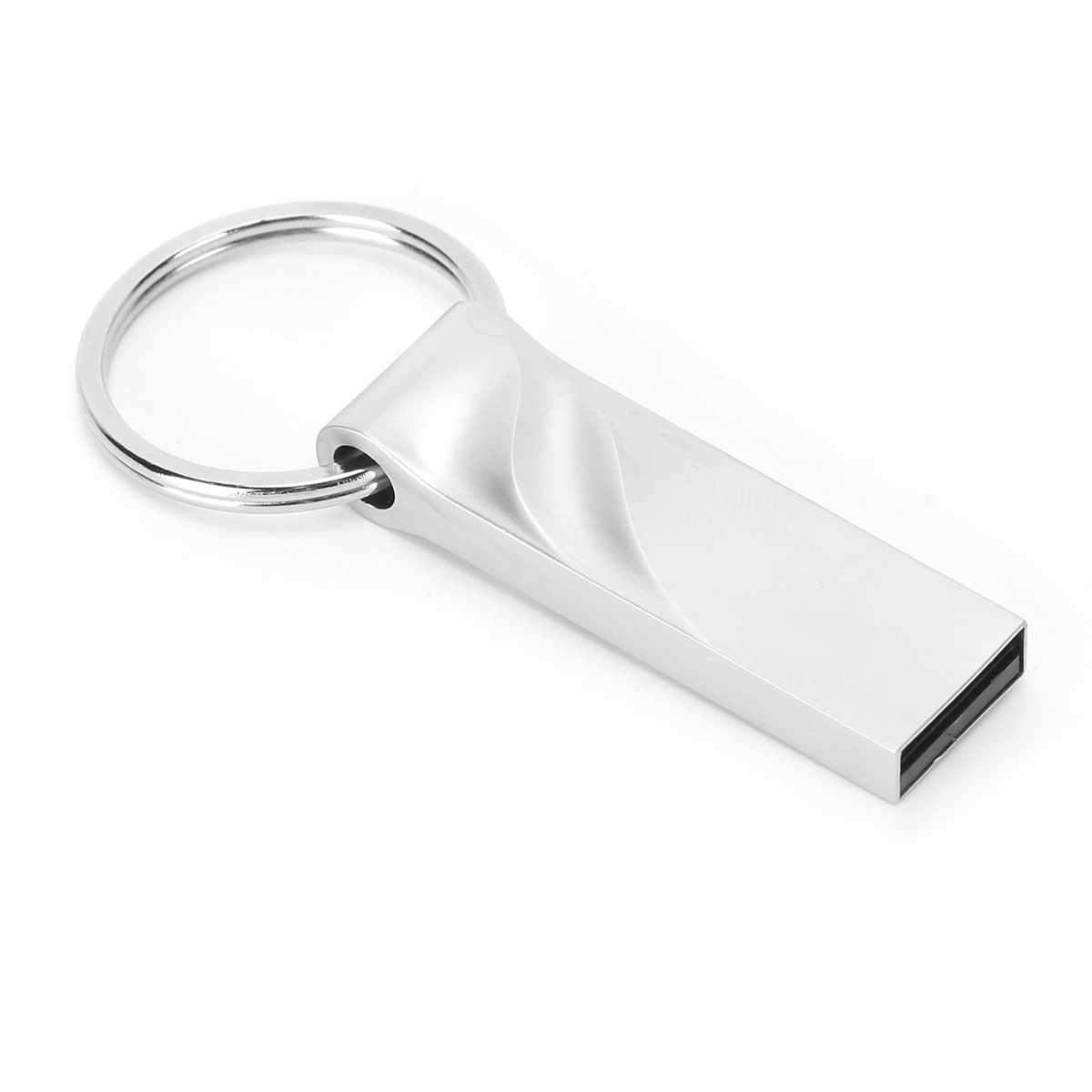 Silberner USB-Stick mit Schlüsselringbefestigung, vor weißem Hintergrund.
