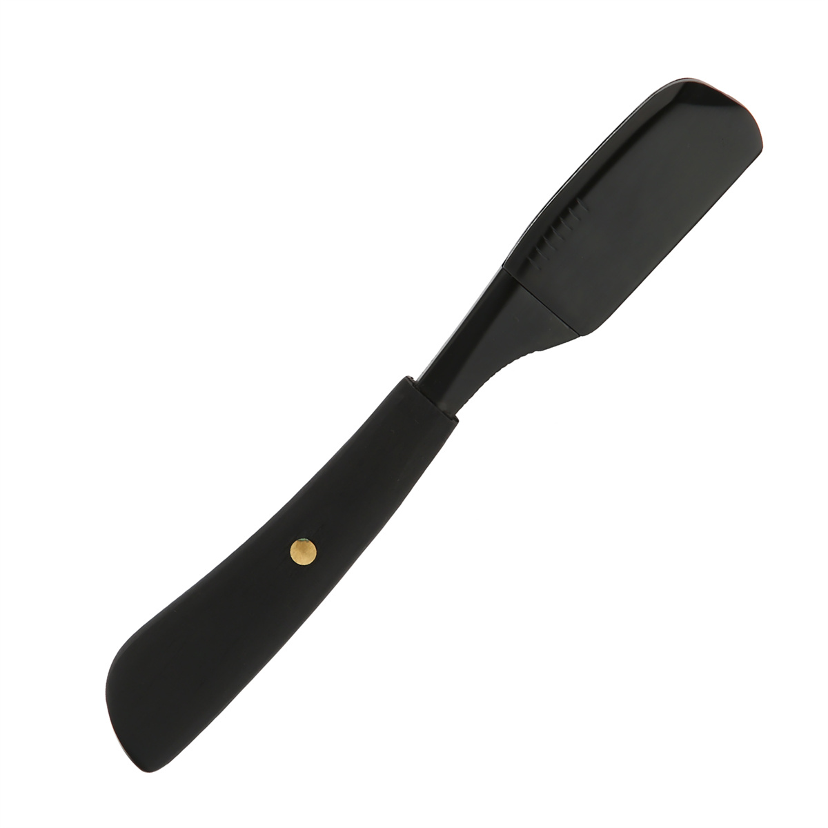 Schwarzer Rasiermesser. Es hat einen gebogenen Griff und einen silbernen Stift. Weißer Hintergrund.