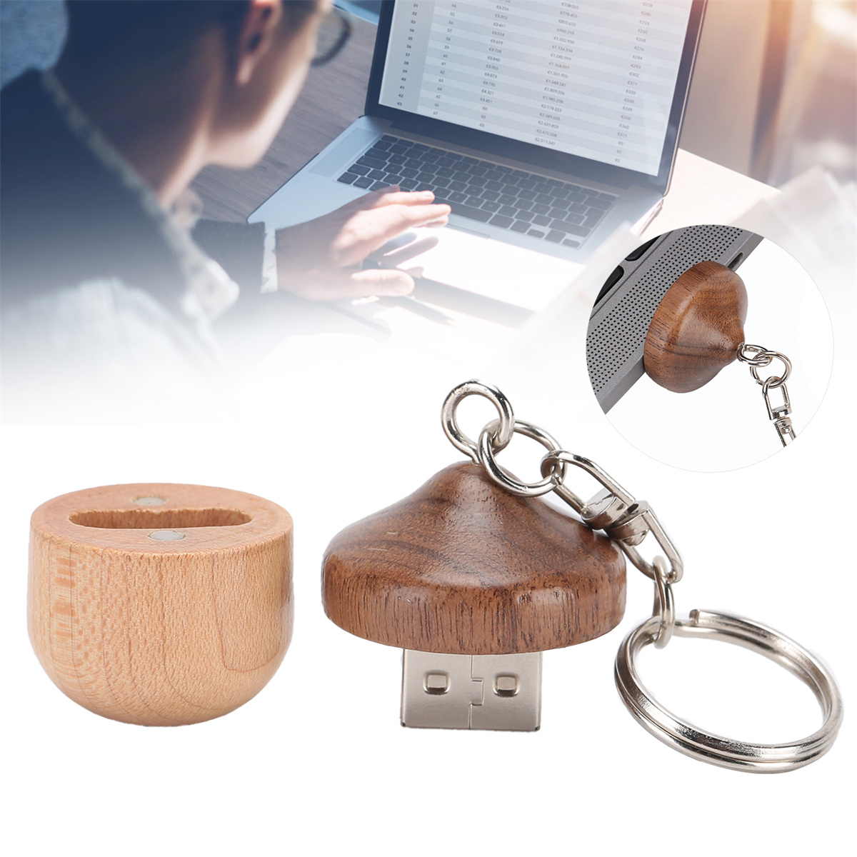 USB-Stick aus Holz mit Schlüsselanhänger und Holzständer.