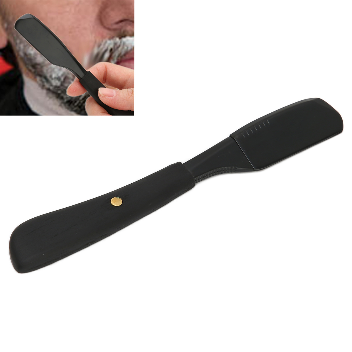 Schwarzes Friseurmesser mit Holzgriff. Eine Person rasiert sich damit oben links.