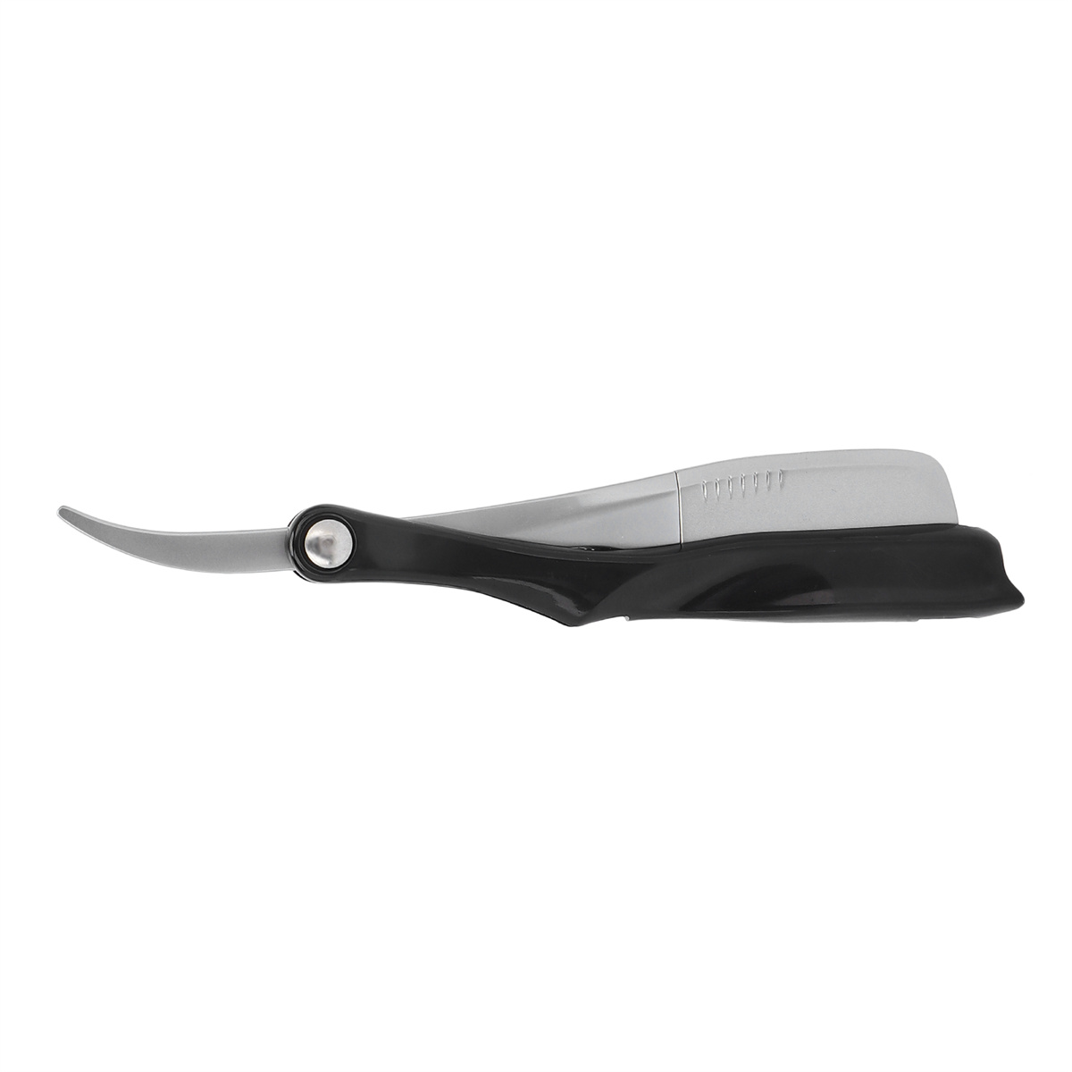 Ein Rasiermesser, schwarzer Griff mit silberner Klinge. Das Rasiermesser ist geöffnet.