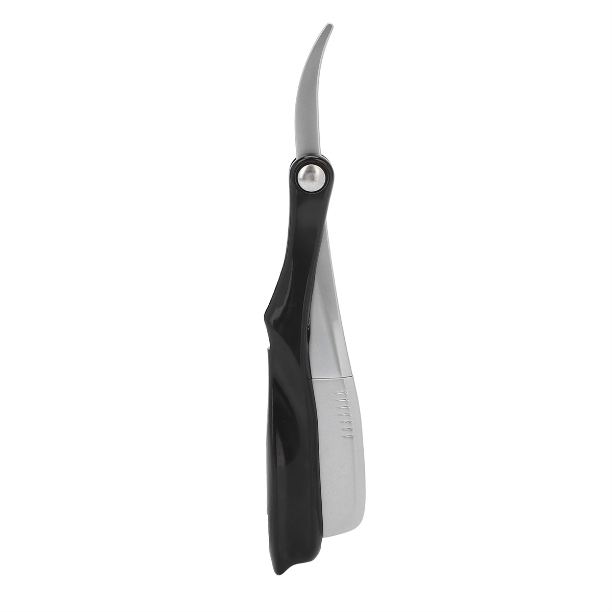 Ein schwarzer und silberner Rasiermesser, mit einer gebogenen Klinge und einem Griff mit einer Öffnung.