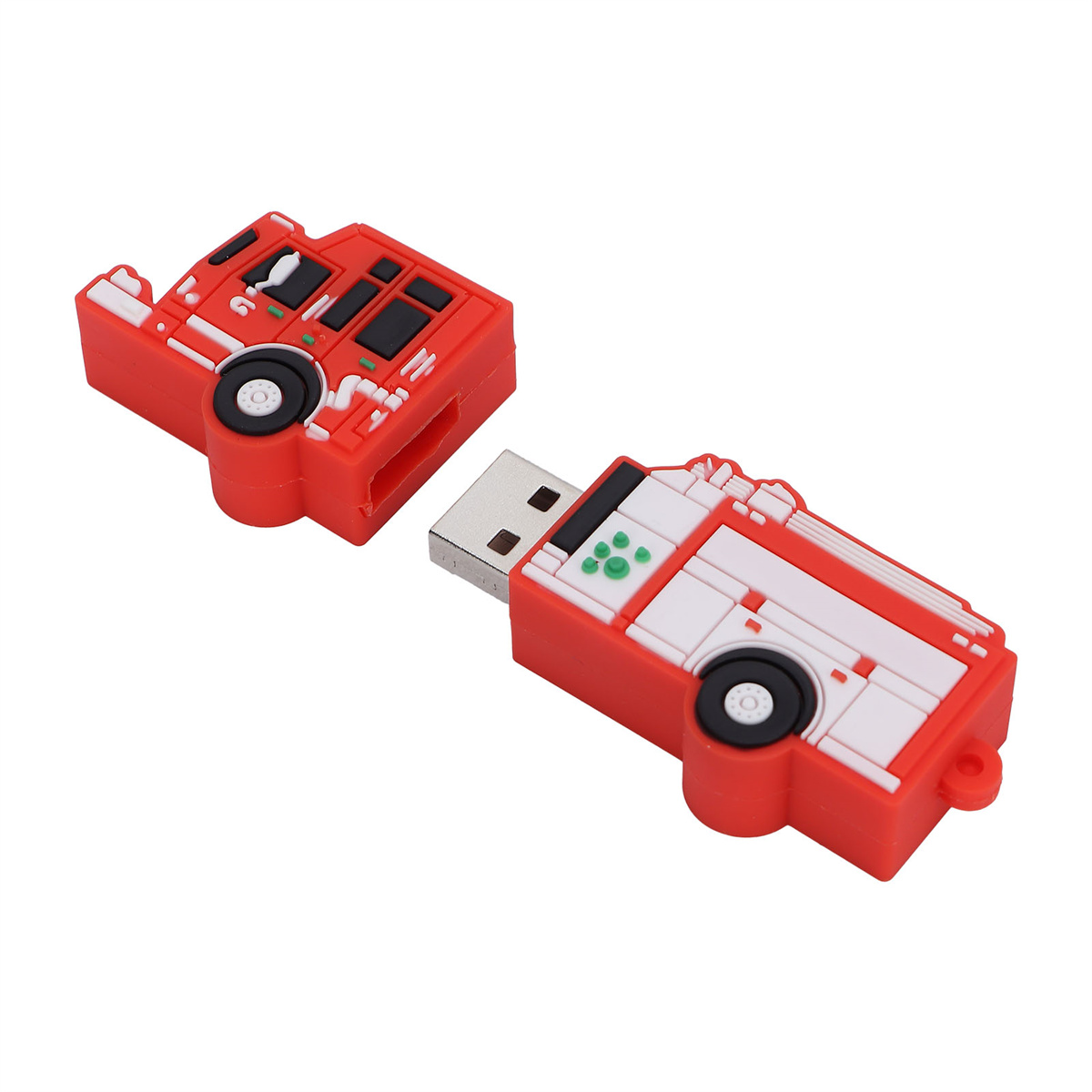 Zwei rote USB-Sticks in Form von Feuerwehrautos, einer mit freiliegendem USB-Anschluss.