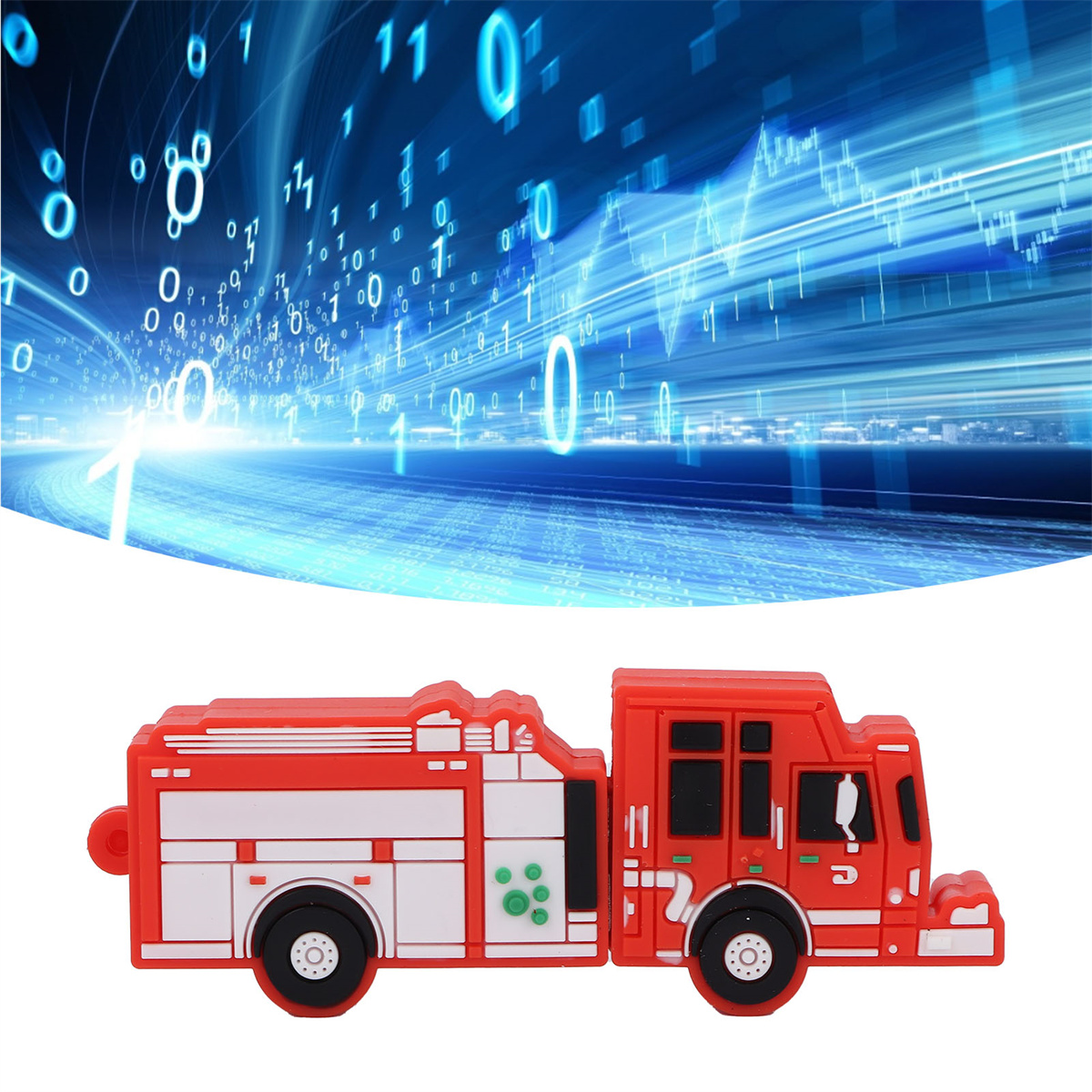 Roter und weißer Spielzeug-Feuerwehrwagen. Der Hintergrund hat ein blaues digitales Datendesign.