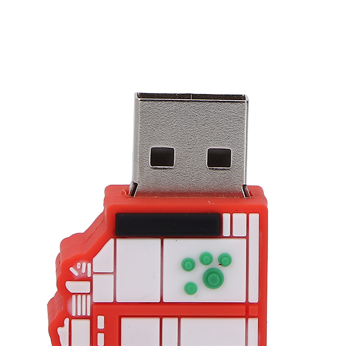 Ein roter USB-Stick mit einem bunten Design. Der USB-Anschluss ist silberfarben.