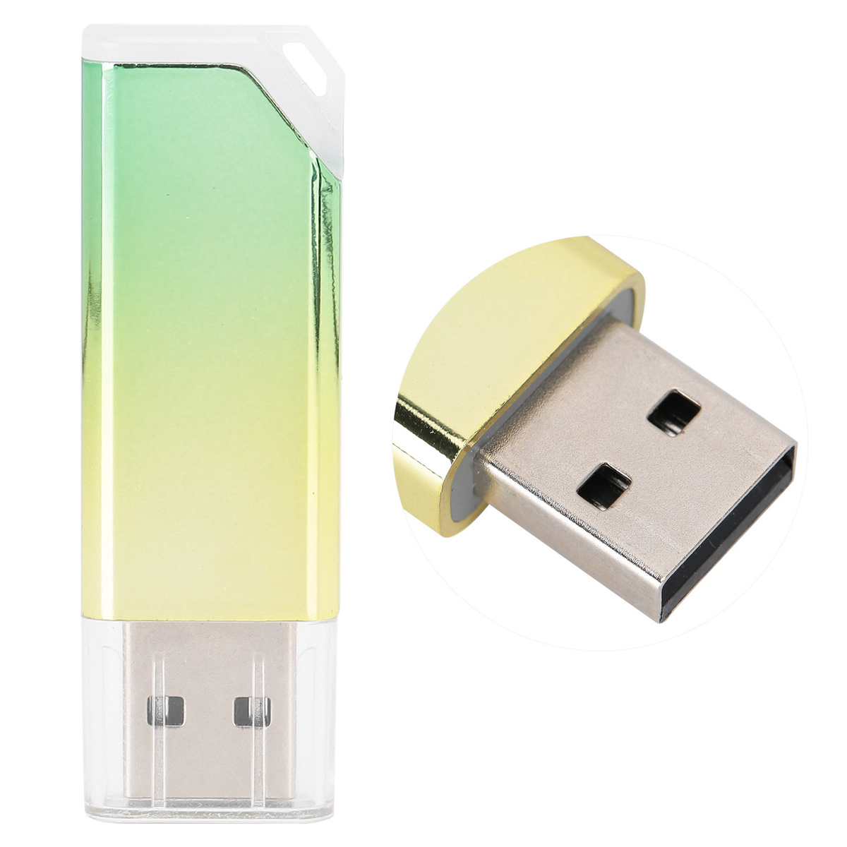 USB-Stick, Farbverlauf von Grün nach Gelb. Goldfarbener Metallstecker.