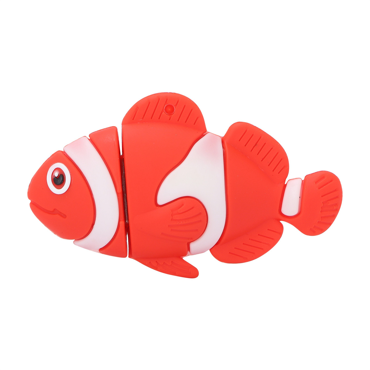 Roter und weißer Clownfisch-förmiger USB-Stick auf weißem Hintergrund.