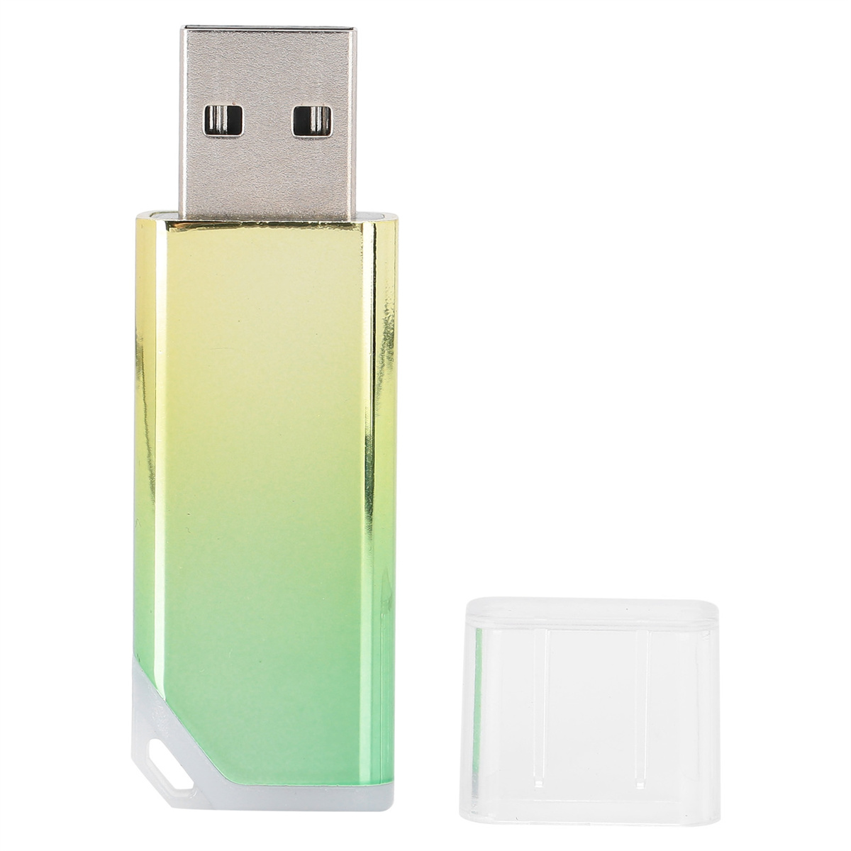 Gelb-grüner USB-Stick mit weißer Kappe. Die Kappe ist abgenommen.
