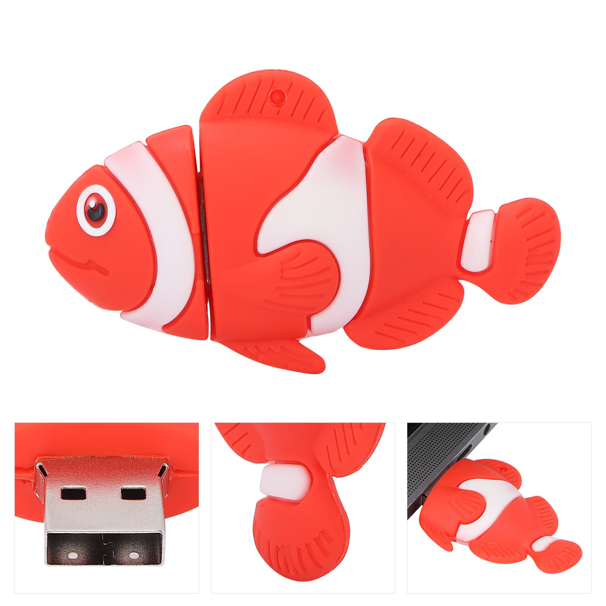 Ein roter und weißer Clownfisch-USB-Stick mit Nahaufnahmen des USB-Anschlusses.