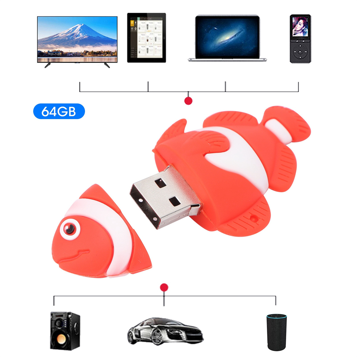 Ein roter USB-Stick in Form eines Fisches. Andere Elektronik und Geräte sind im Hintergrund.