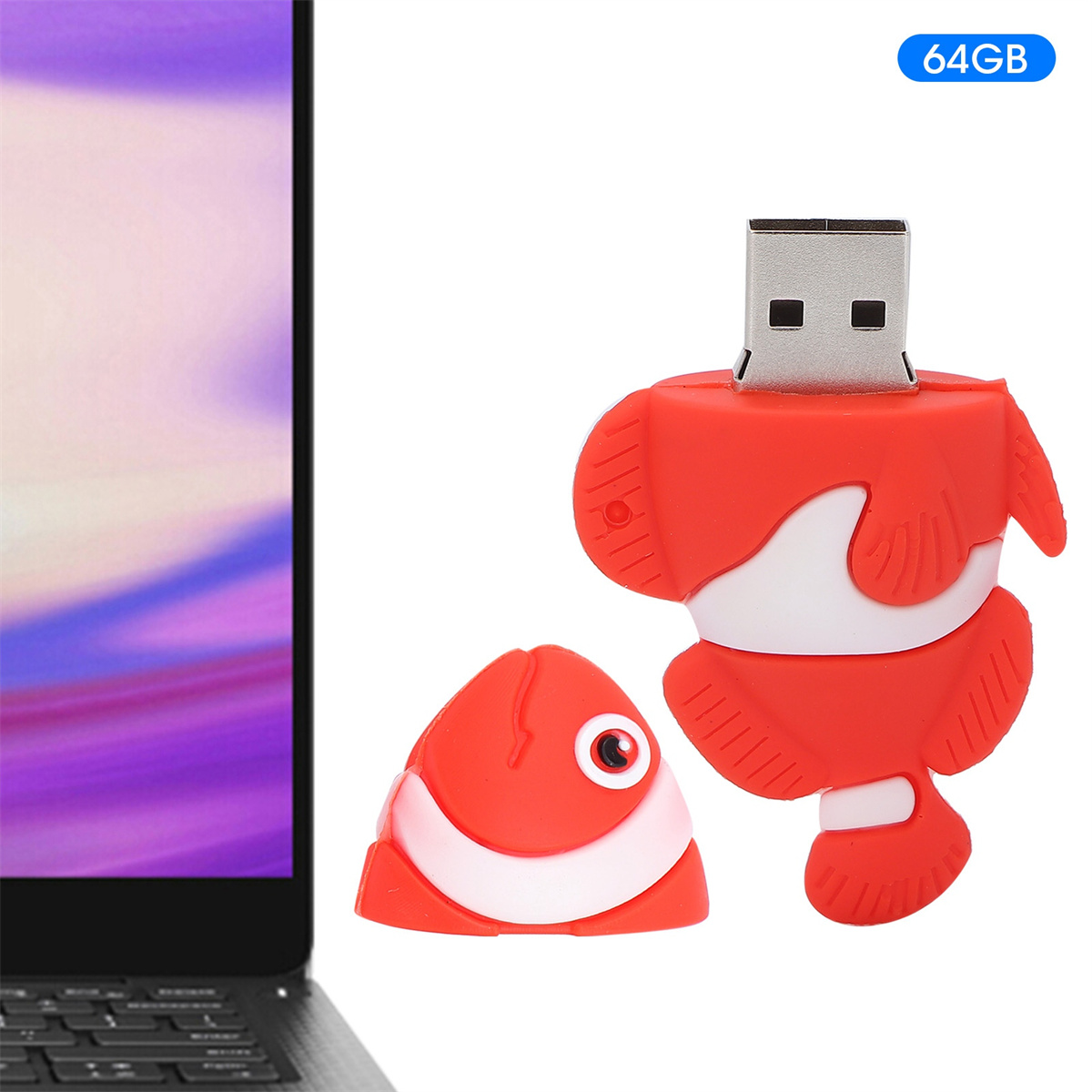 Roter Fisch-USB-Stick neben einem Laptop. Der USB-Stick hat die Form eines Fisches.