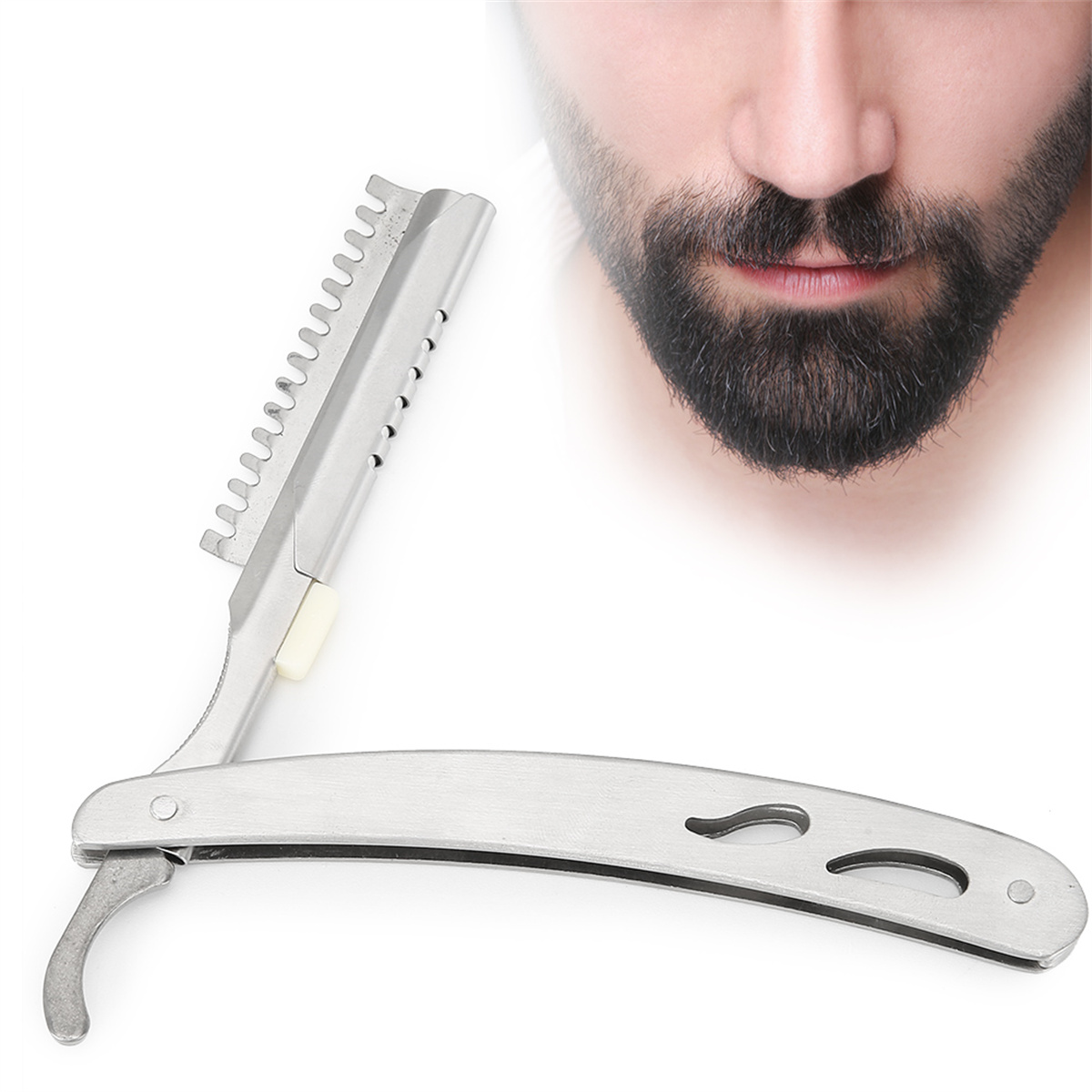 Silberner Rasiermesser. Nahaufnahme des Bartes und Gesichts eines Mannes. Weißer Hintergrund.
