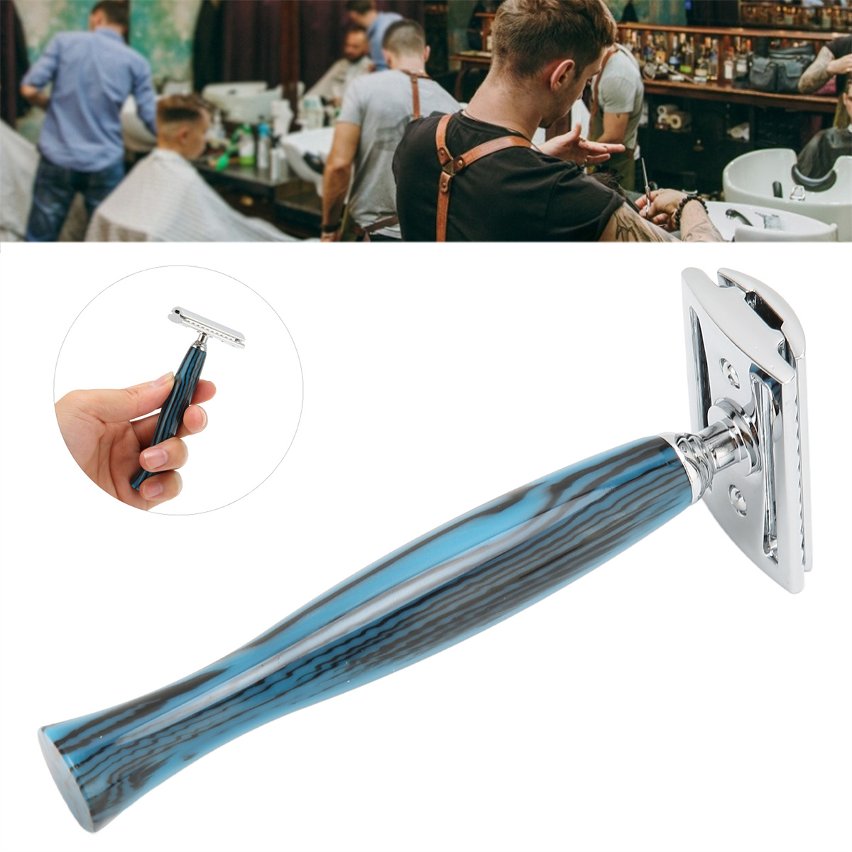 Friseursalon-Szene mit einem blau-schwarzen Rasiermesser. Person hält das Rasiermesser in der Hand.