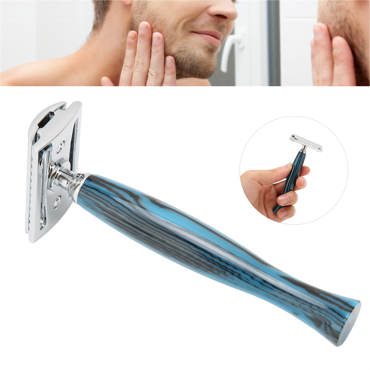 Sicherheitsrasierer mit blau-schwarzem Griff. Mann im Spiegel rasiert sich das Gesicht.