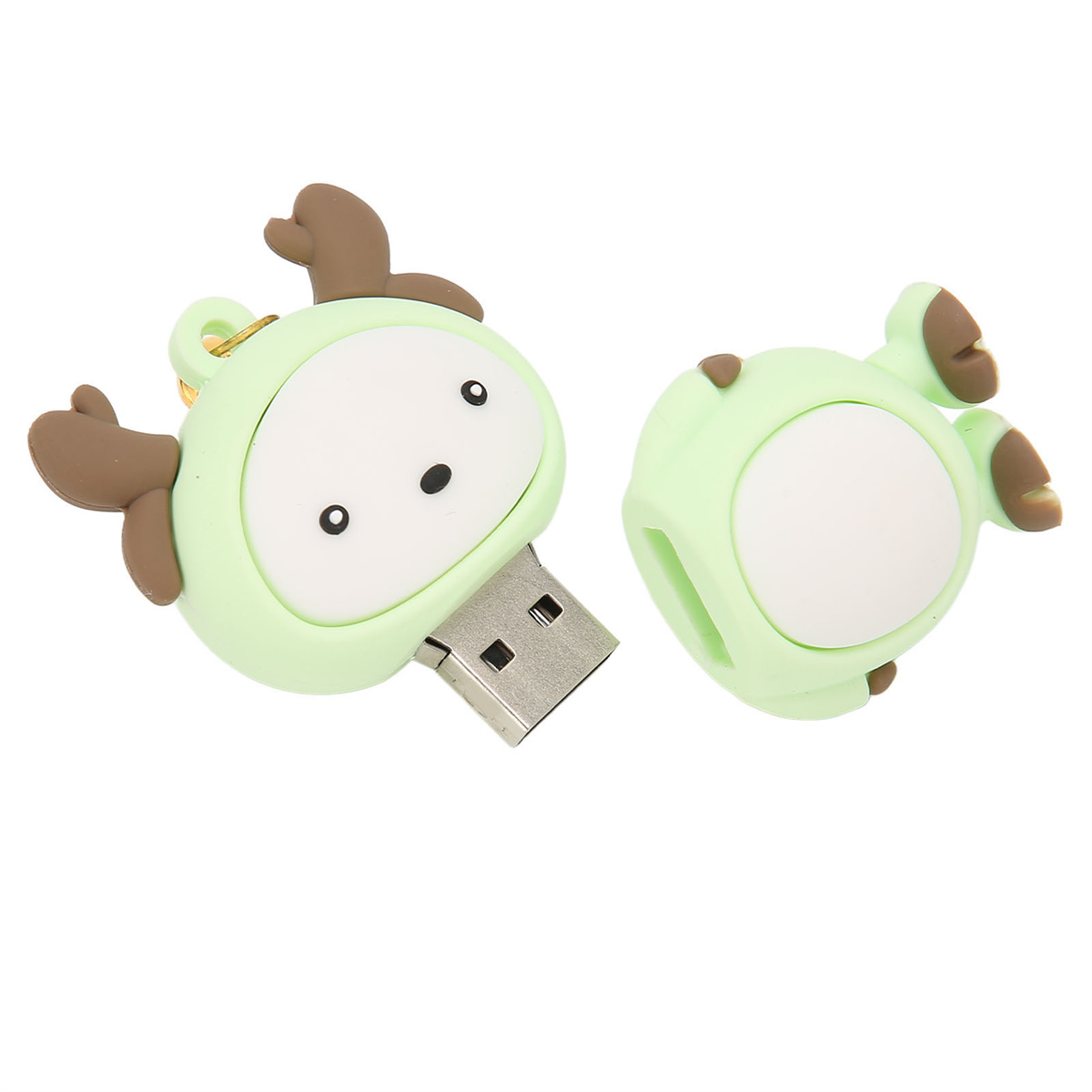 Zwei grüne USB-Sticks. Einer hat ein Hirschkopf-Design, der andere ist die Abdeckung.