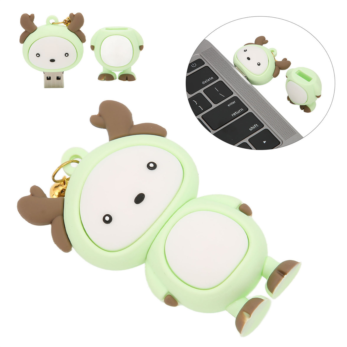 Grüne USB-Laufwerke in Rentierform. Eines ist mit einem Laptop verbunden. Zwei weitere sind abgetrennt.