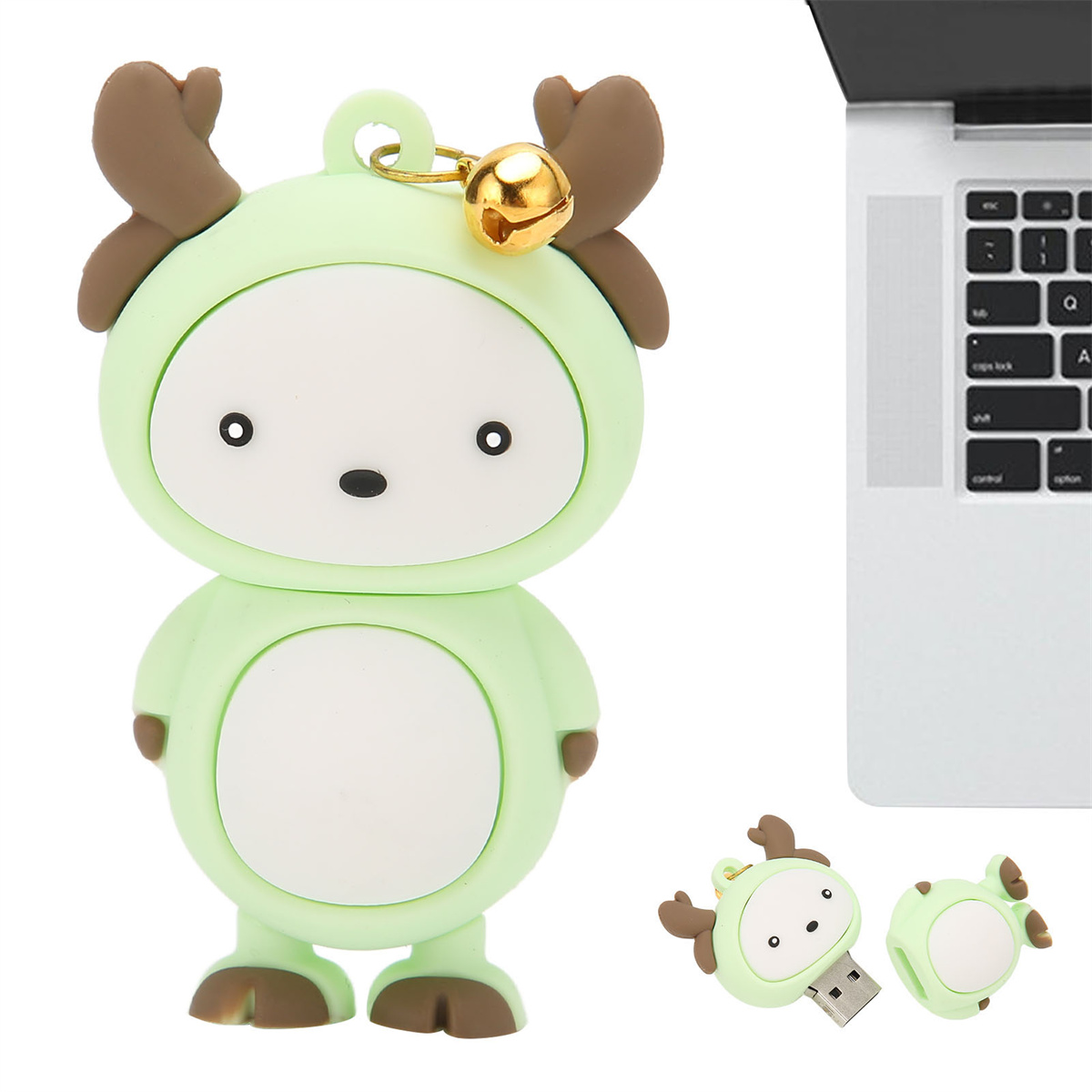 Grüner USB-Stick in Form eines Hirsches, mit einer kleinen Glocke oben drauf. Neben einem Laptop.
