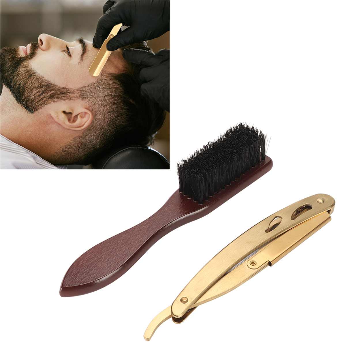 Ein Mann, der von einem Barbier mit einem Rasiermesser rasiert wird. Barbierpinsel und Rasierer sind ebenfalls gezeigt.