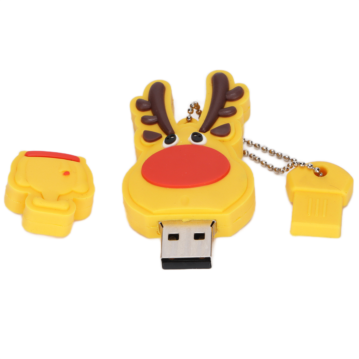 Gelber Rentier-USB-Stick mit Schlüssel und eine separate gelbe Komponente.