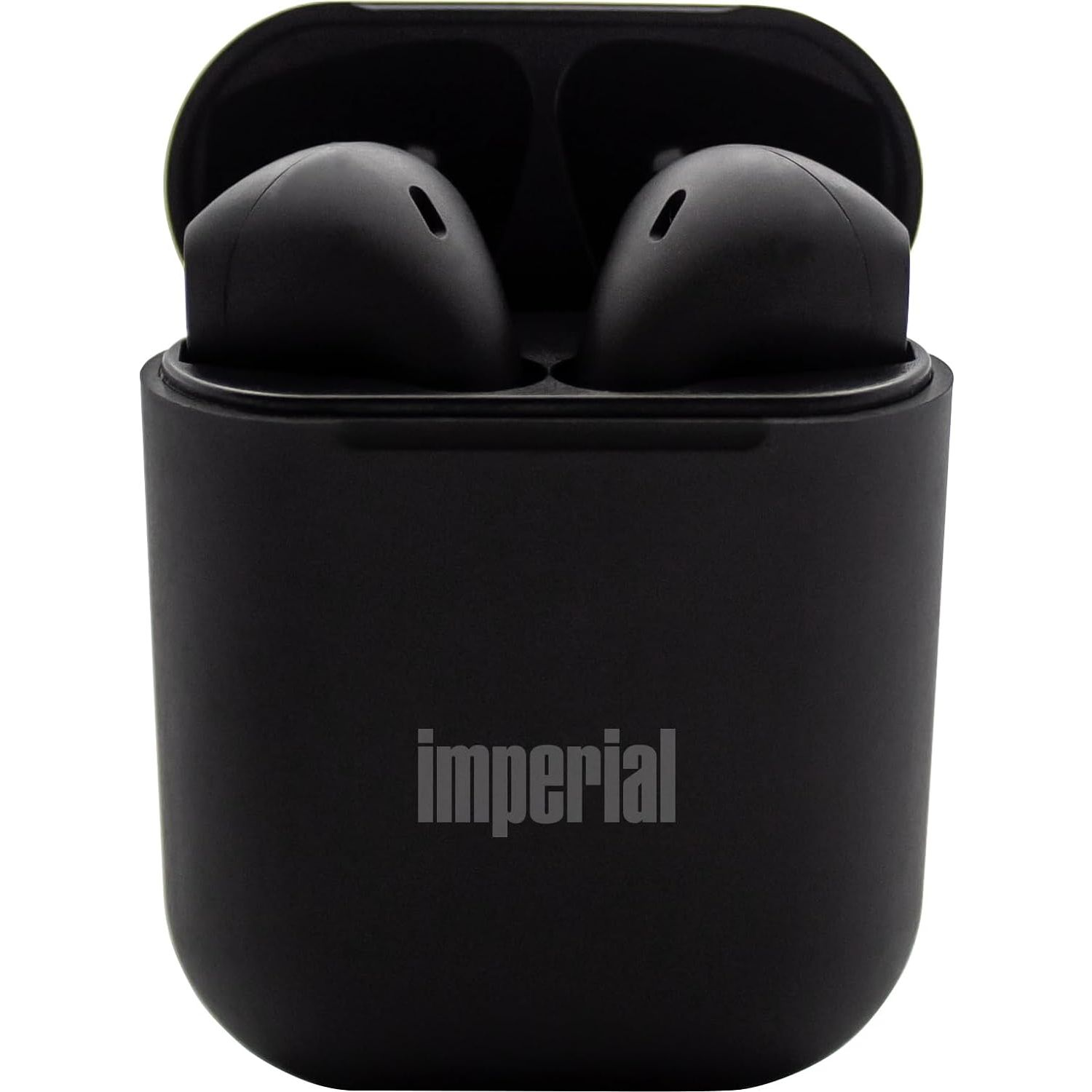 Zwarte oordopjes in een oplaadcase, met de merknaam 'imperial' op de case.