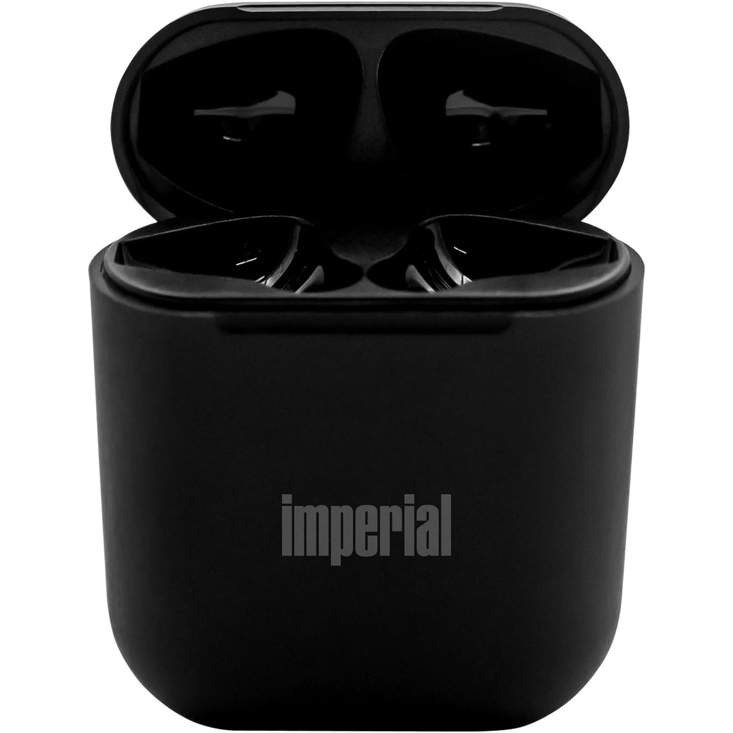 Een zwarte oplaadcase voor oordopjes met het woord "imperial" op de voorkant.