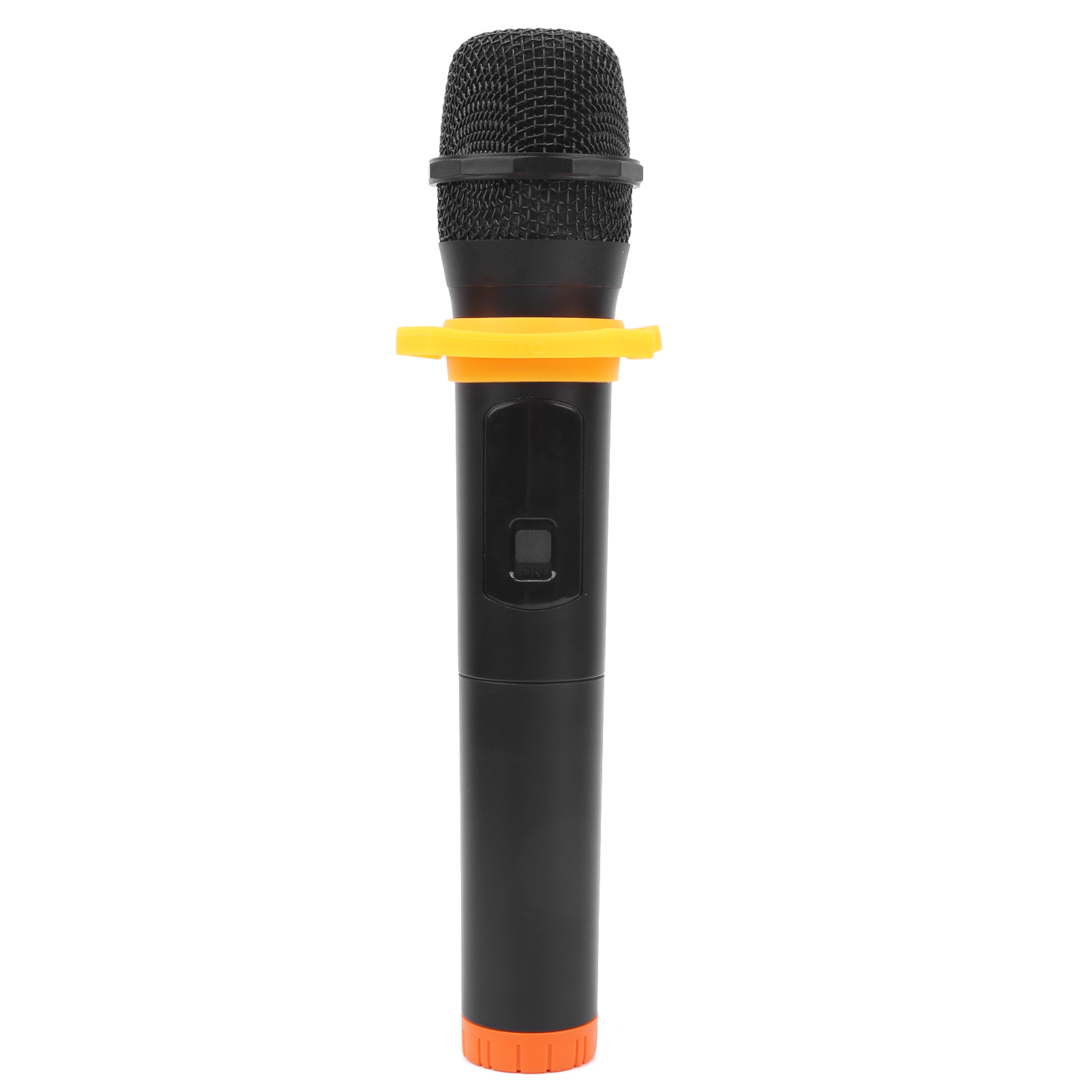 Schwarzes Mikrofon mit orangefarbenem Ring und Sockel, mit weißem Hintergrund.