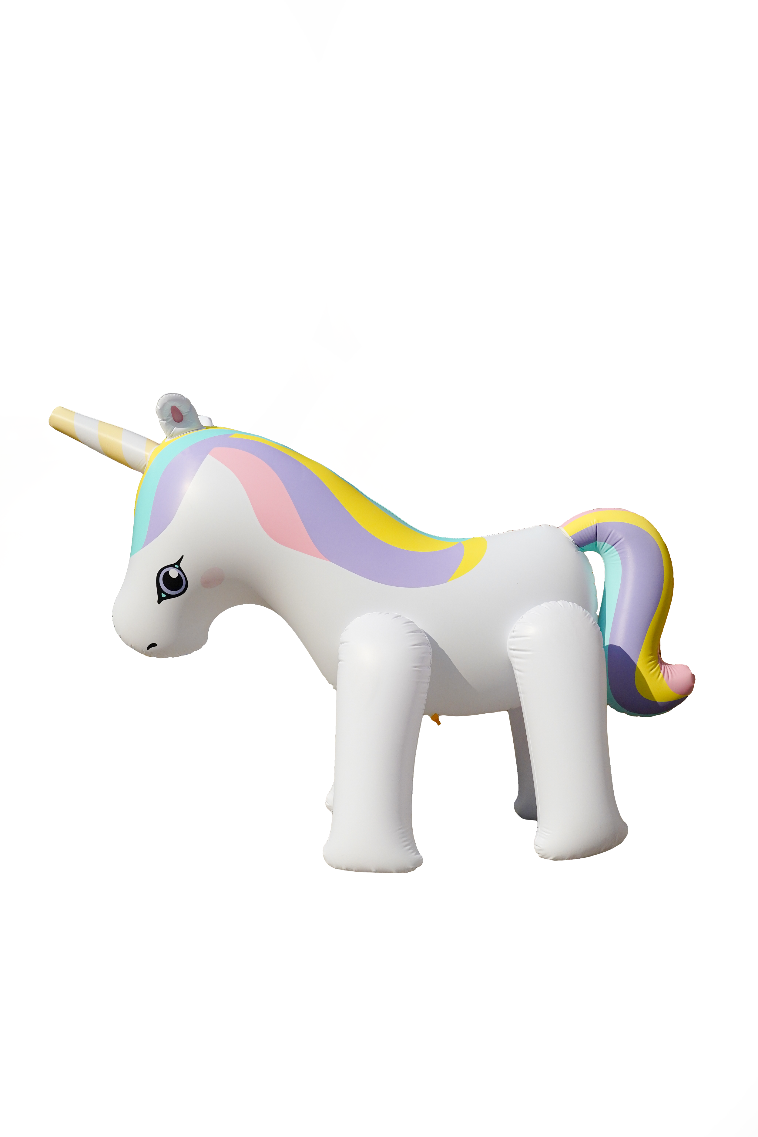 Weißes aufblasbares Einhornspielzeug mit Regenbogenmähne und -schwanz, nach links.