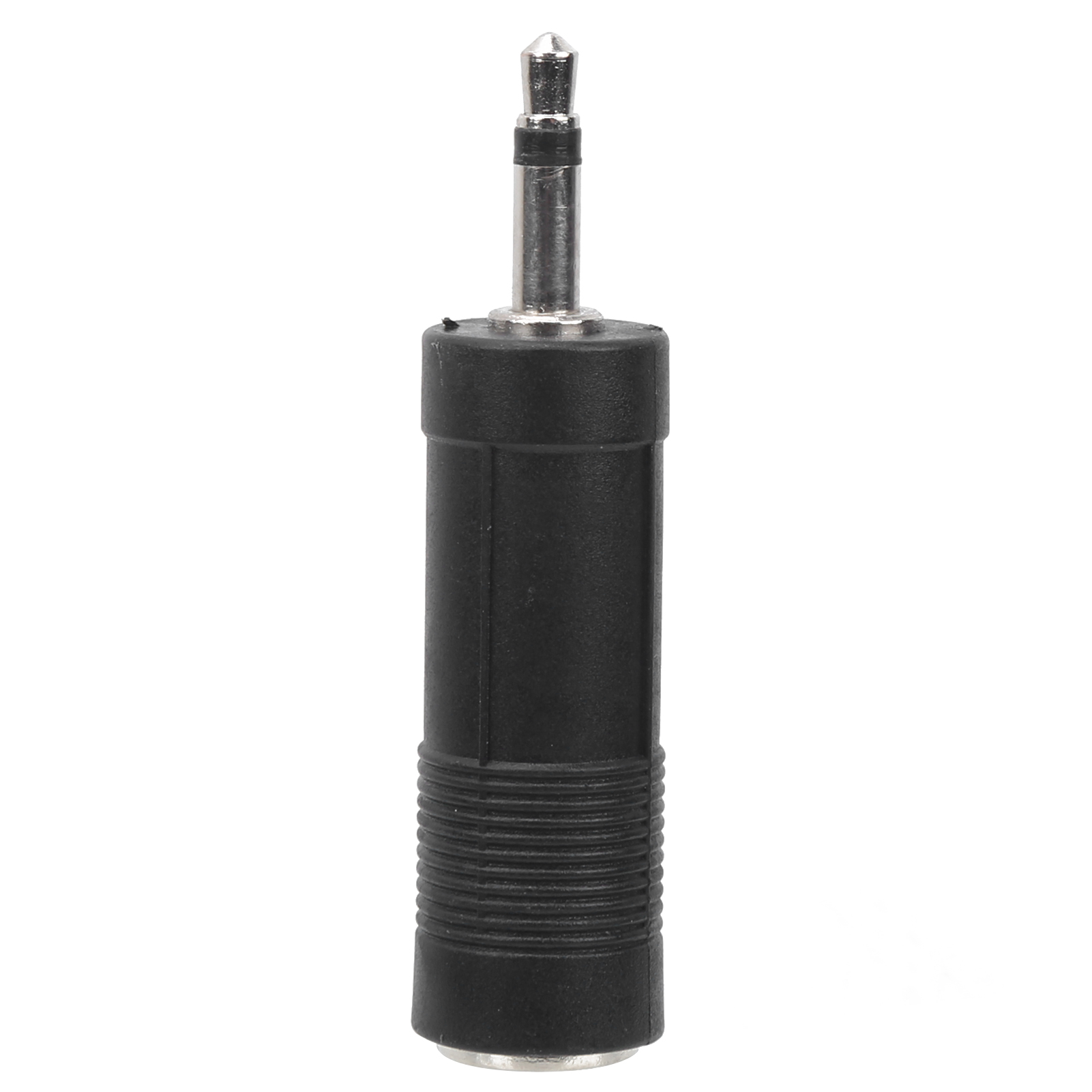 Schwarzer und silberner Audioadapter. Stecker oben. Weißer Hintergrund.