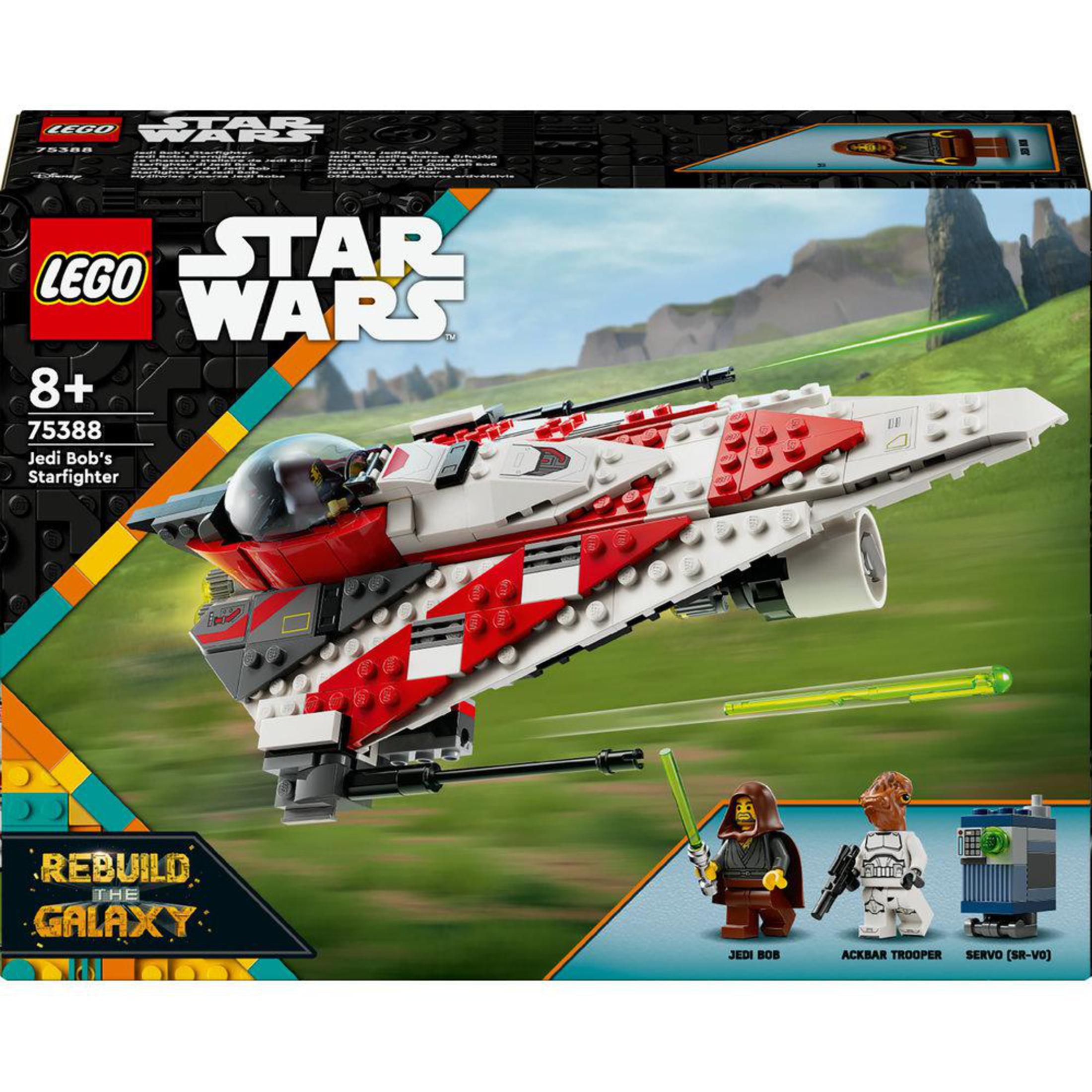 Zestaw Lego Star Wars z czerwonym i białym myśliwcem oraz figurkami.