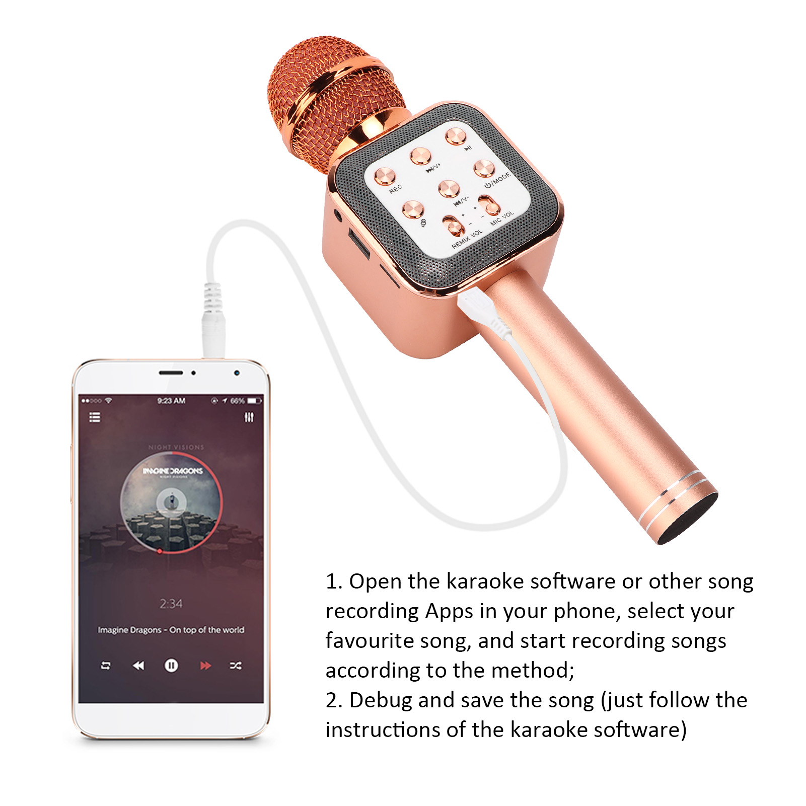 Roségoldenes Mikrofon mit Telefon. Gebrauchsanweisung.