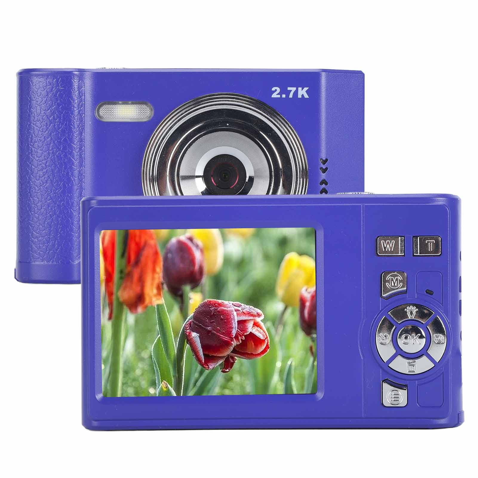 Eine blaue Digitalkamera, die die Rückseite mit einem Bildschirm mit Blumen zeigt.